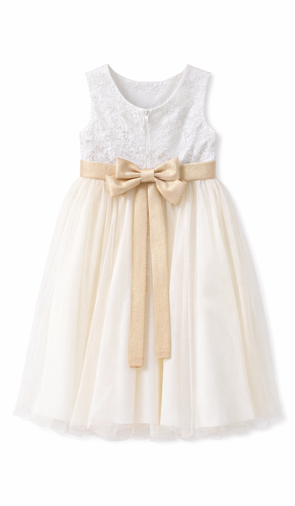 Abito Bambina Elegante Bianco con Fiocco Oro – Vestito Cerimonia 4-14 Anni 3824