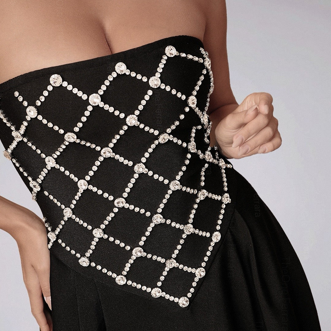 Abito Nero Strapless con Cristalli – Vestito Midi Elegante Linea A 623110