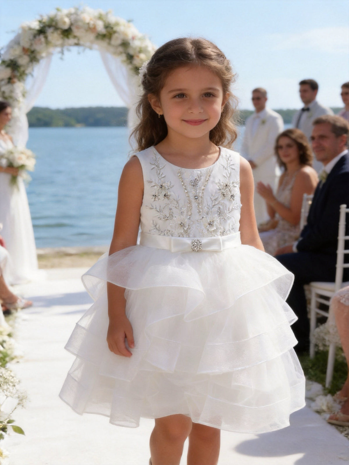Vestito Cerimonia Bambina Bianco con Ricami e Gonna Volant in Tulle