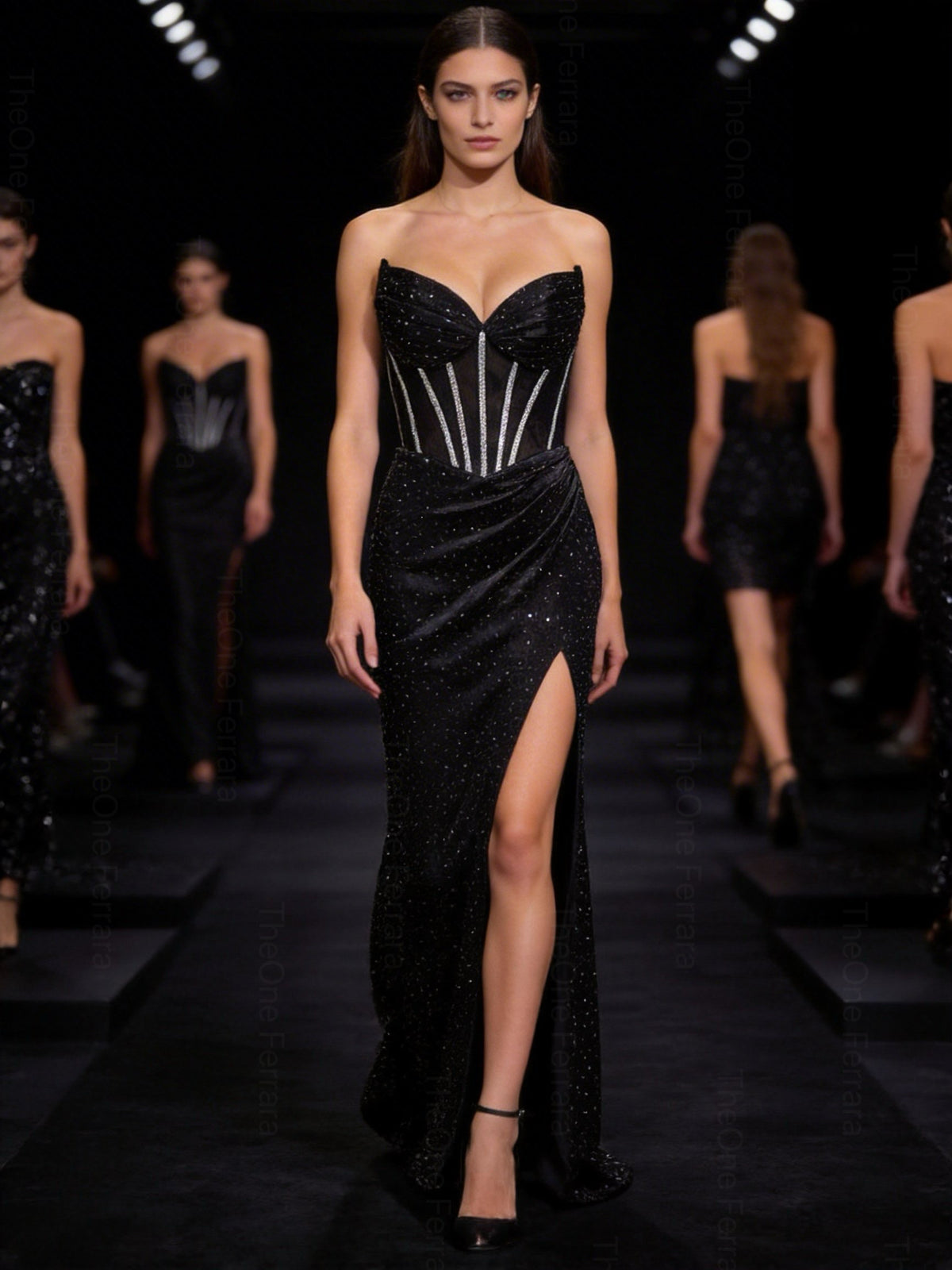 Abito da Sera Nero-viola con Corsetto e Spacco – Vestito Lungo Elegante Glitter 883039 Nero L XL
