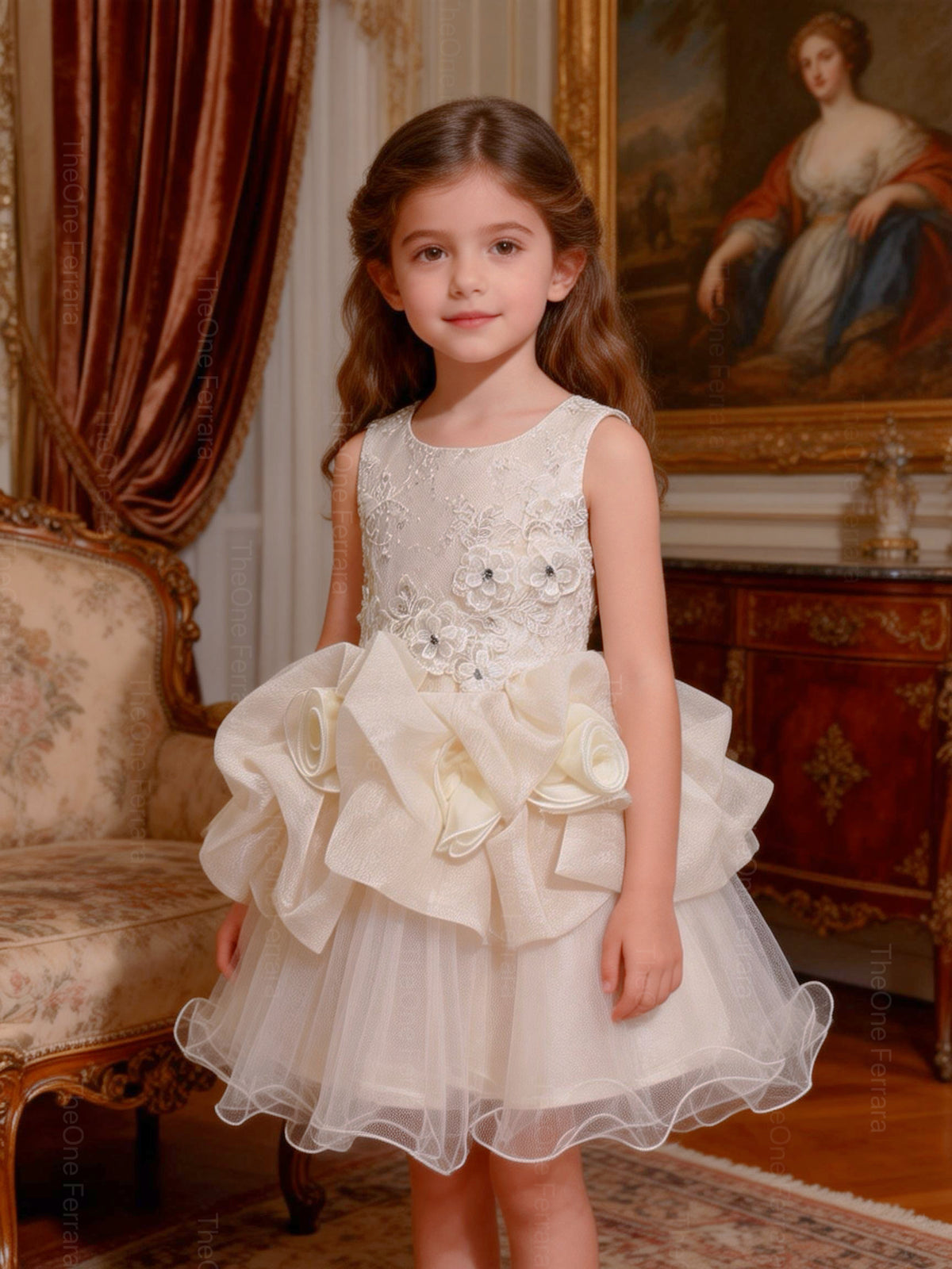Abito da Cerimonia Bambina Avorio con Pizzo 3D e Maxi Fiori in Organza – Gonna in Tulle 8519