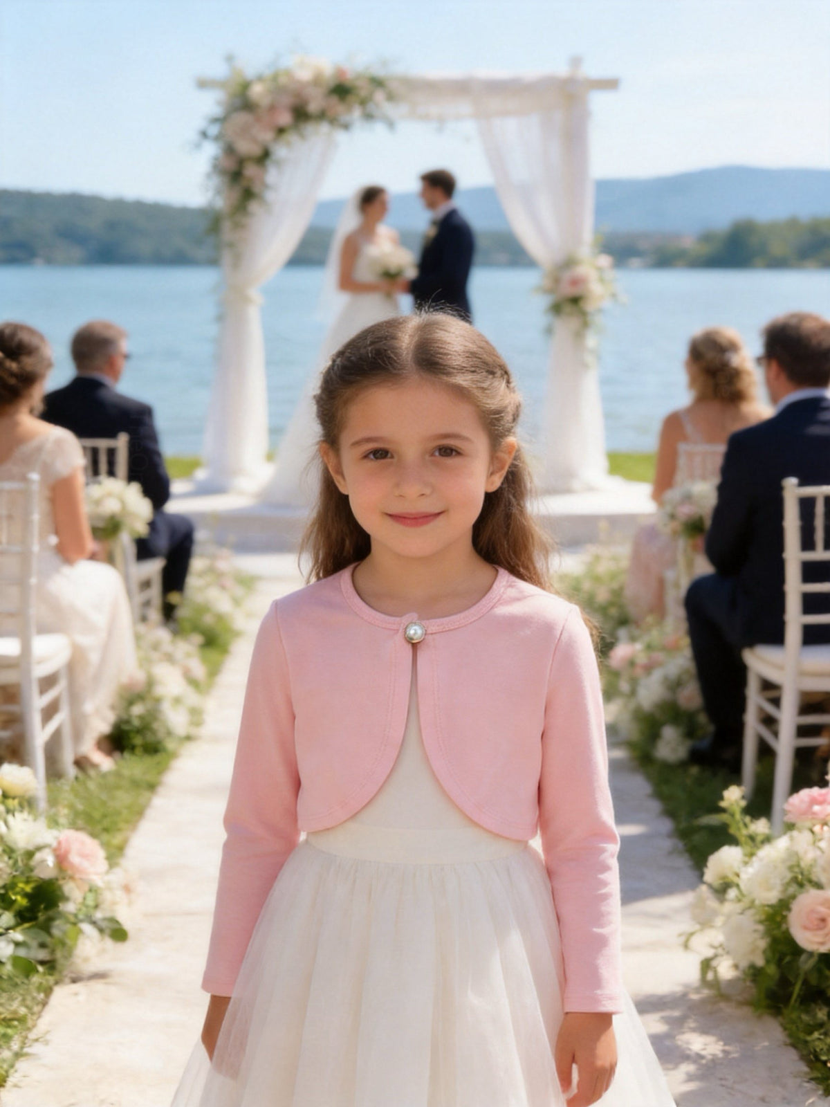 Coprispalle Bambina in Cotone con Bottone Perlato per Cerimonia