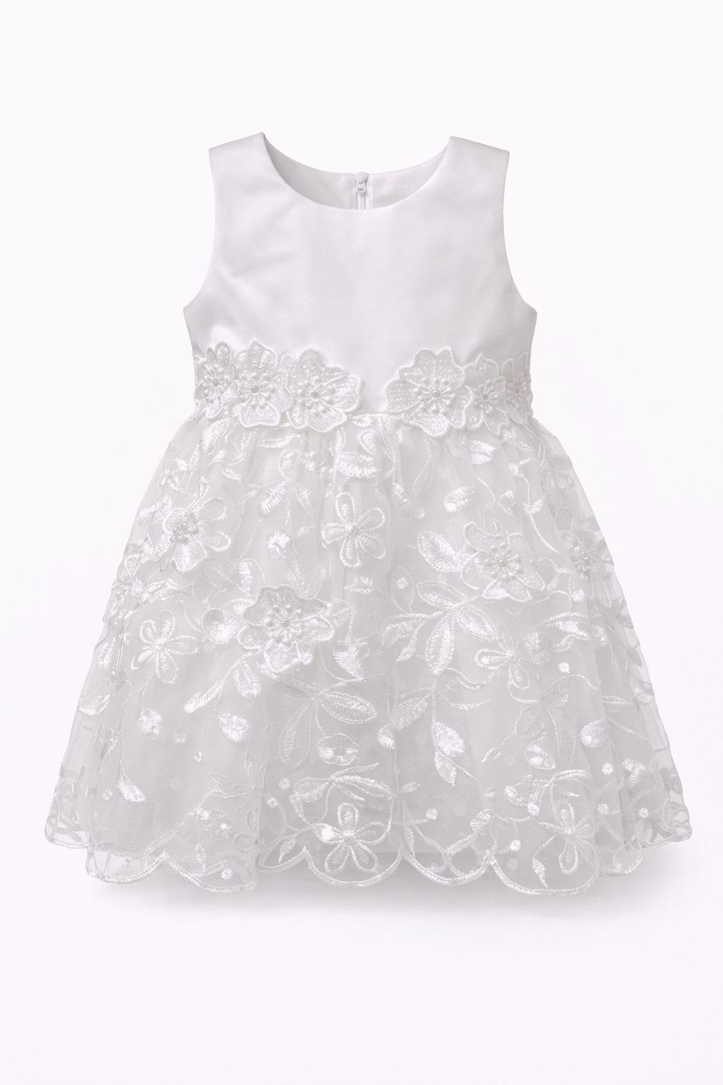 Abito da Battesimo Neonata Bianco 3–24 Mesi – Raso Tulle Ricamato con Fiori, Fiocco Posteriore Cerimonia 6132 Bianco