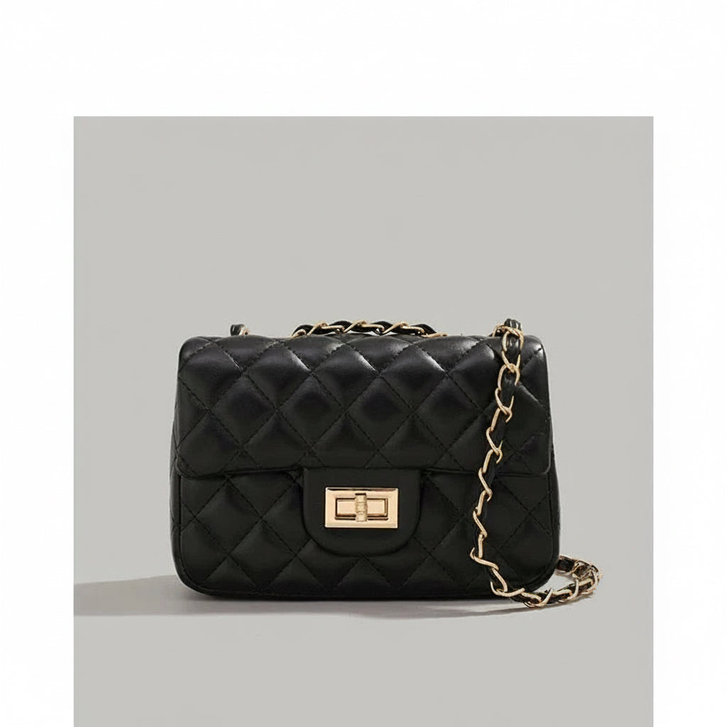 Mini Borsa Donna Trapuntata con Catena – Elegante e Compatta, Stile Italiano 9915(19×8X14cm) Nero