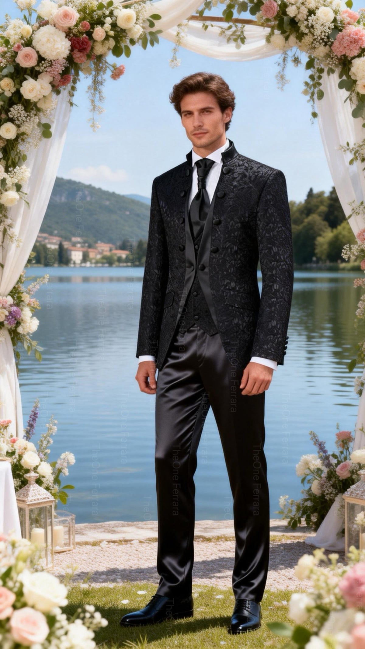 Abito da Sposo Uomo 4 Pezzi Nero 、Bianco Damascato – Giacca Collo Coreano + Gilet + Pantaloni Finitura Lucida (Effetto Raso) + Cravatta | Slim Fit Drop 6 Nero 46-Pronta spedizione (24–48h)