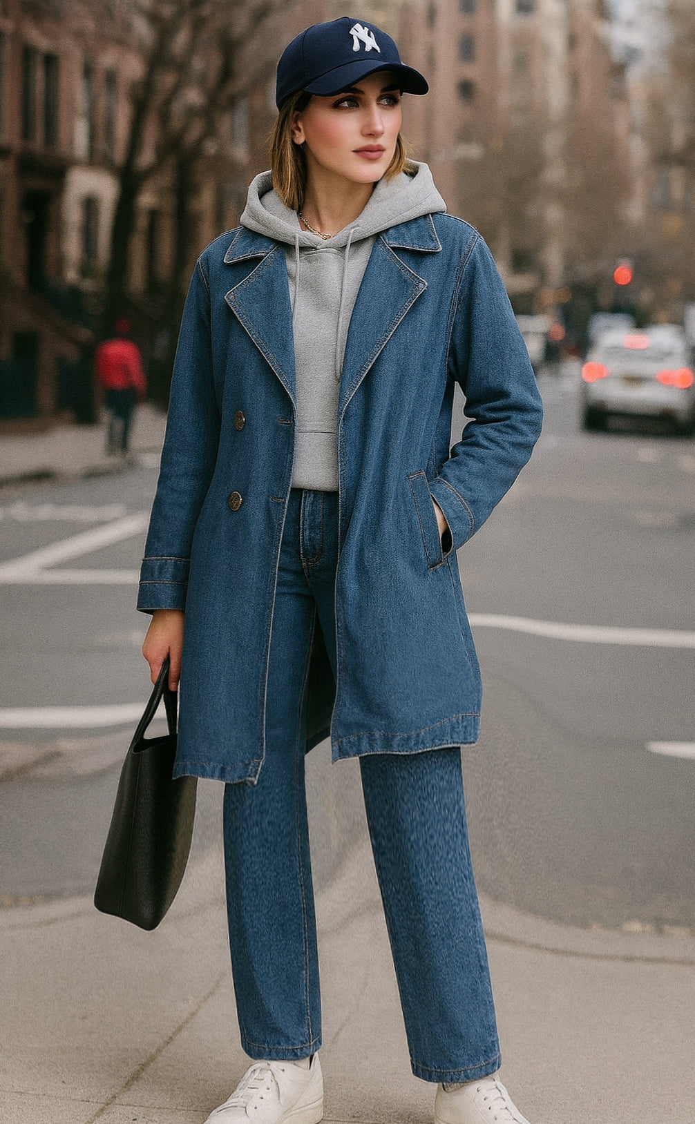 Trench in Denim da Donna con Cintura | Doppiopetto Elegante -1668