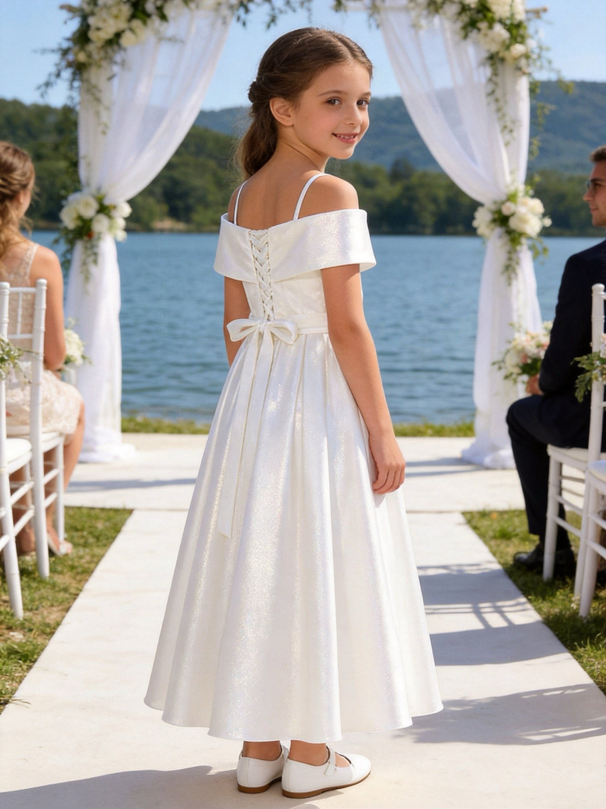 Vestito Ragazza Elegante Off Shoulder Effetto Taffetà Principessa