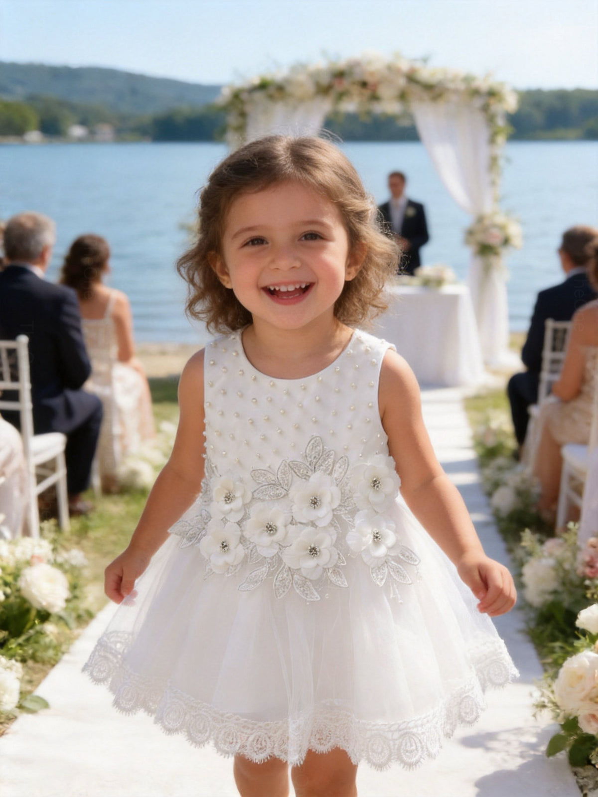 Vestito Elegante Bambina Bianco con Fiori 3D e Tulle per Cerimonia