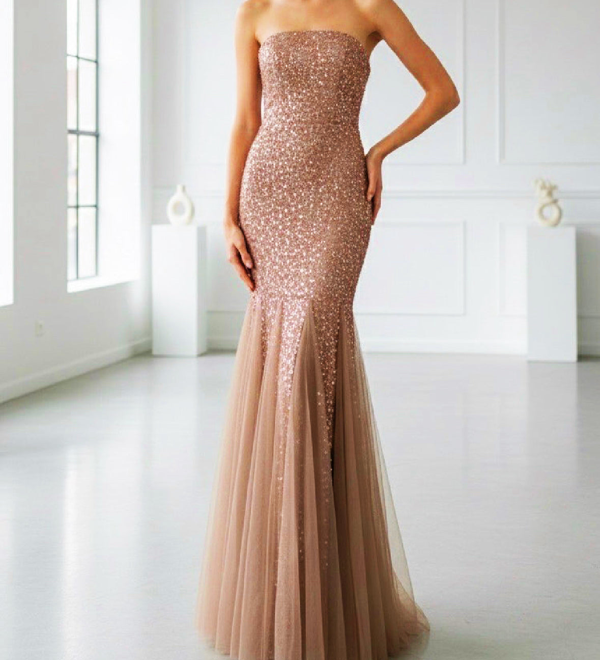 Abito da Sera Champagne con Paillettes – Vestito Lungo Sirena Elegante Senza Spalline 517039