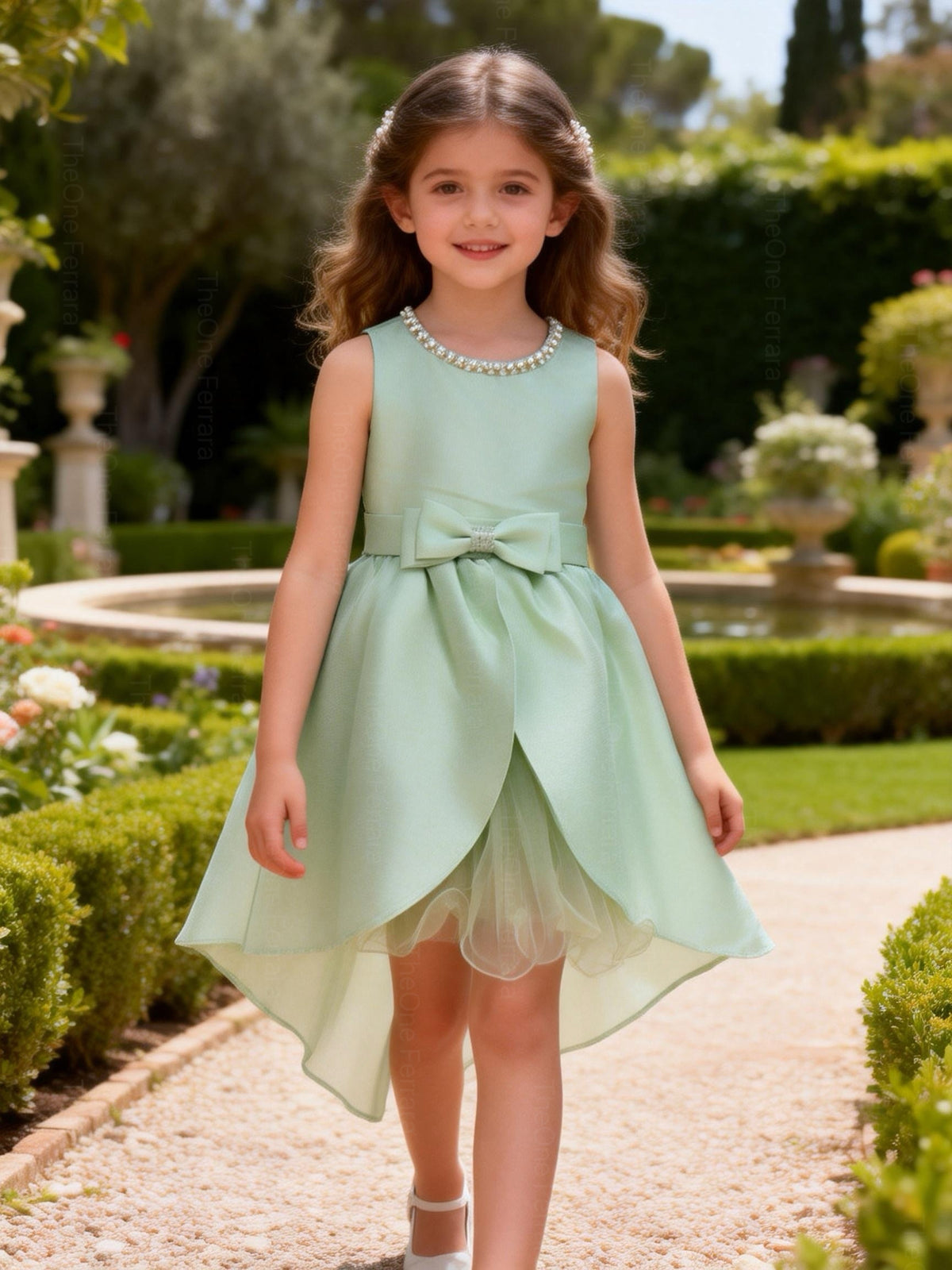 Abito da Cerimonia Bambina in Raso con Gonna in Tulle e Fiocco – Scollo Perle 2-12 Anni 750