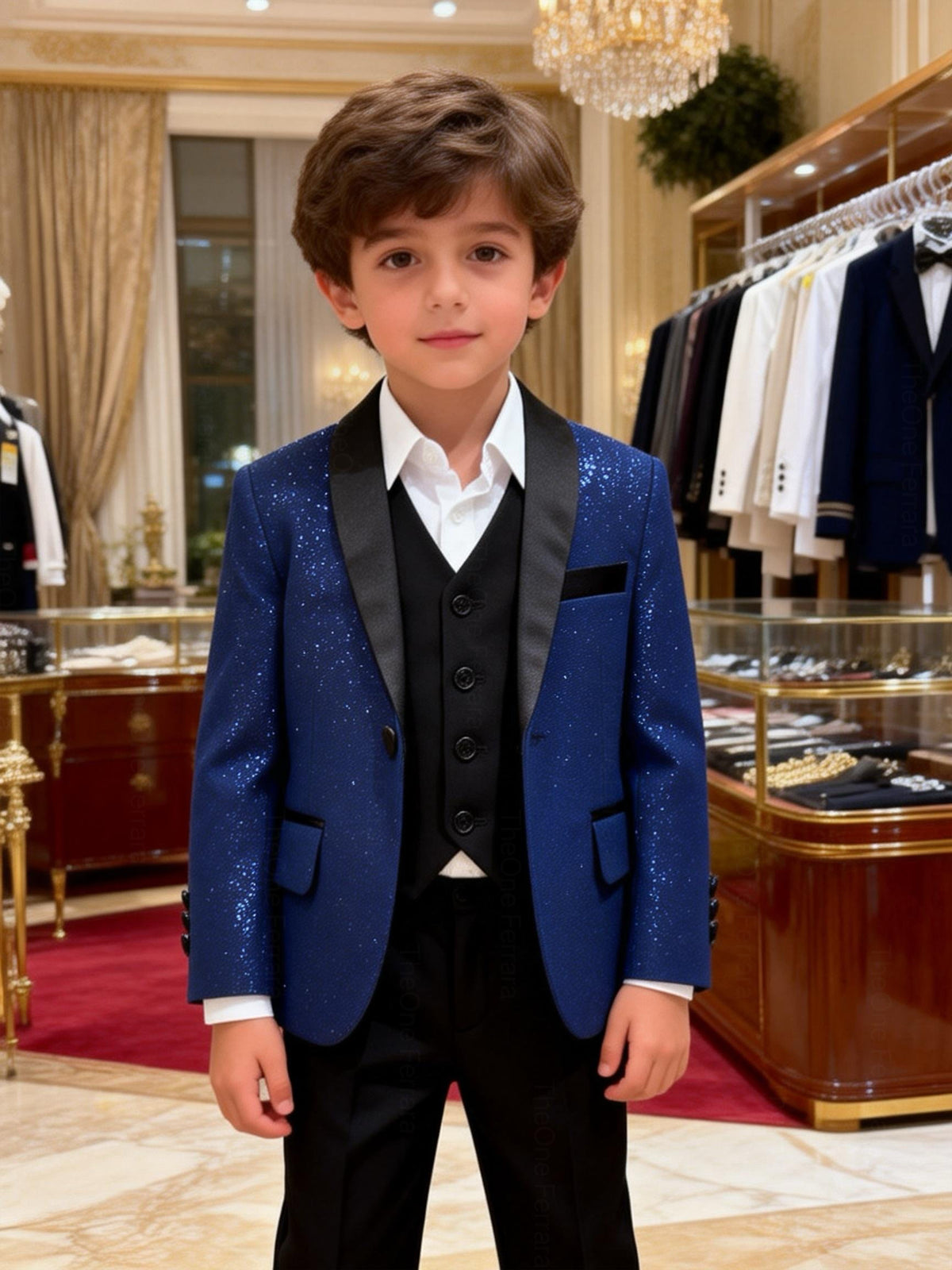 Completo Elegante Bambino Blu Notte Brillante 5 Pezzi Abito Cerimonia Matrimonio 1-14Anni