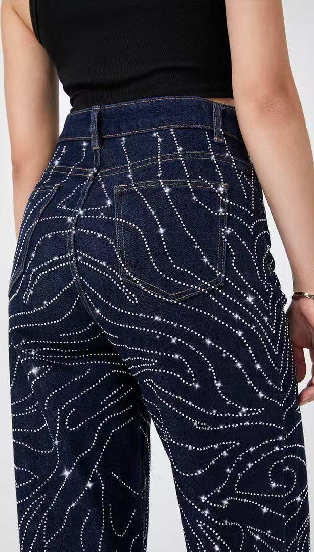 Jeans Donna a Vita Alta con Decorazioni Luminose – Linee Puntinate Brillanti, Gamba Dritta, Stile Urban – Mod. 1080-TheOne