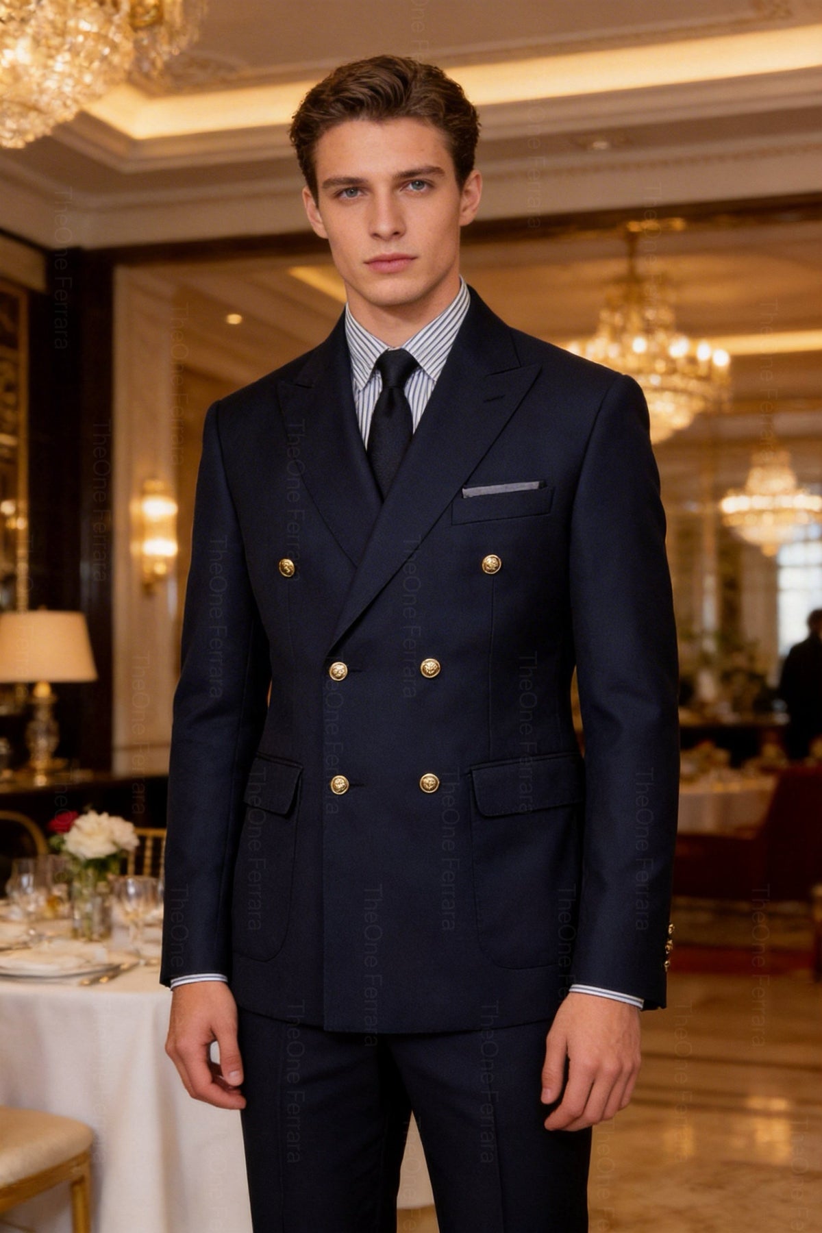 Abito Uomo Doppiopetto Blu Navy 2 Pezzi (Giacca + Pantaloni) con Bottoni Dorati | Cerimonia Business | Taglie 44–60 | ZLS10018