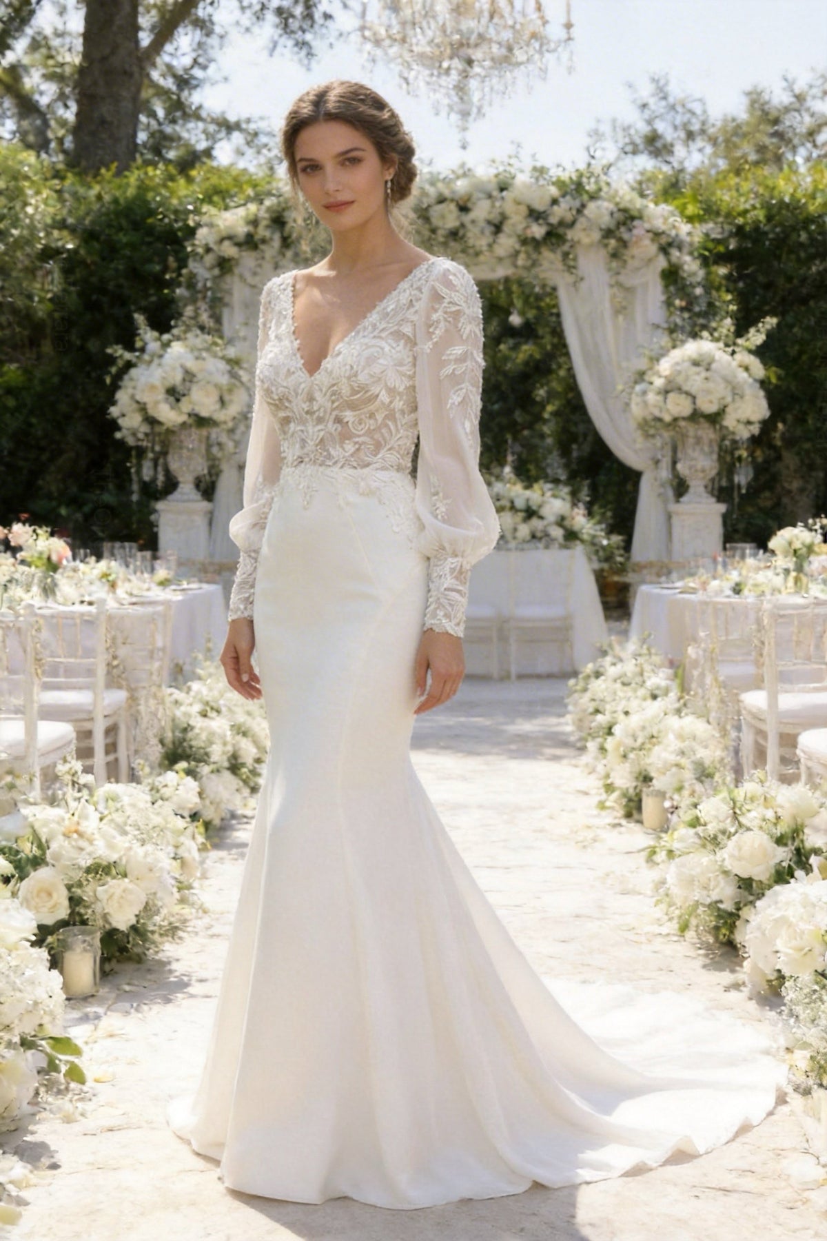 Abito da Sposa Sirena con Maniche Lunghe in Pizzo Ricamato – Scollo Profondo a V, Schiena Scoperta con Bottoni, Stile Boho Elegante 817053 Bianco S