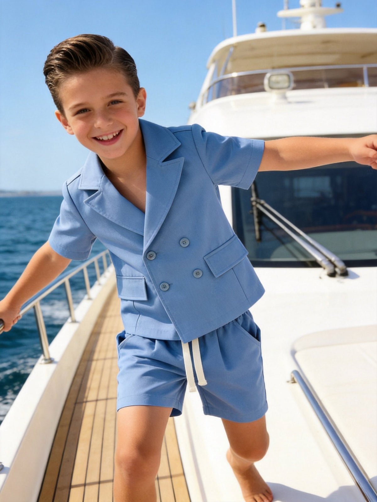 Completo Bambino Cerimonia 2 Pezzi con Giacca a Maniche Corte e Pantaloncini | 4-14 Anni Azzuro