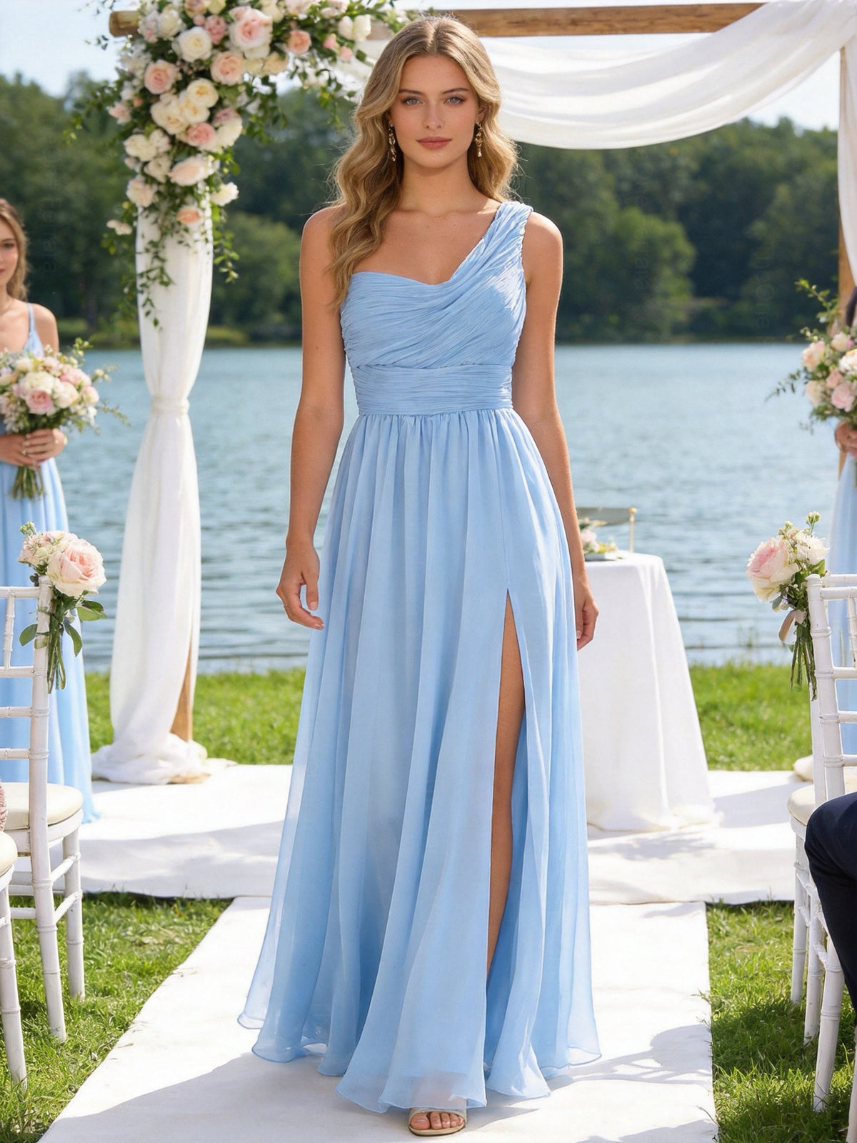 Abito Damigella Monospalla in Chiffon con Spacco Laterale