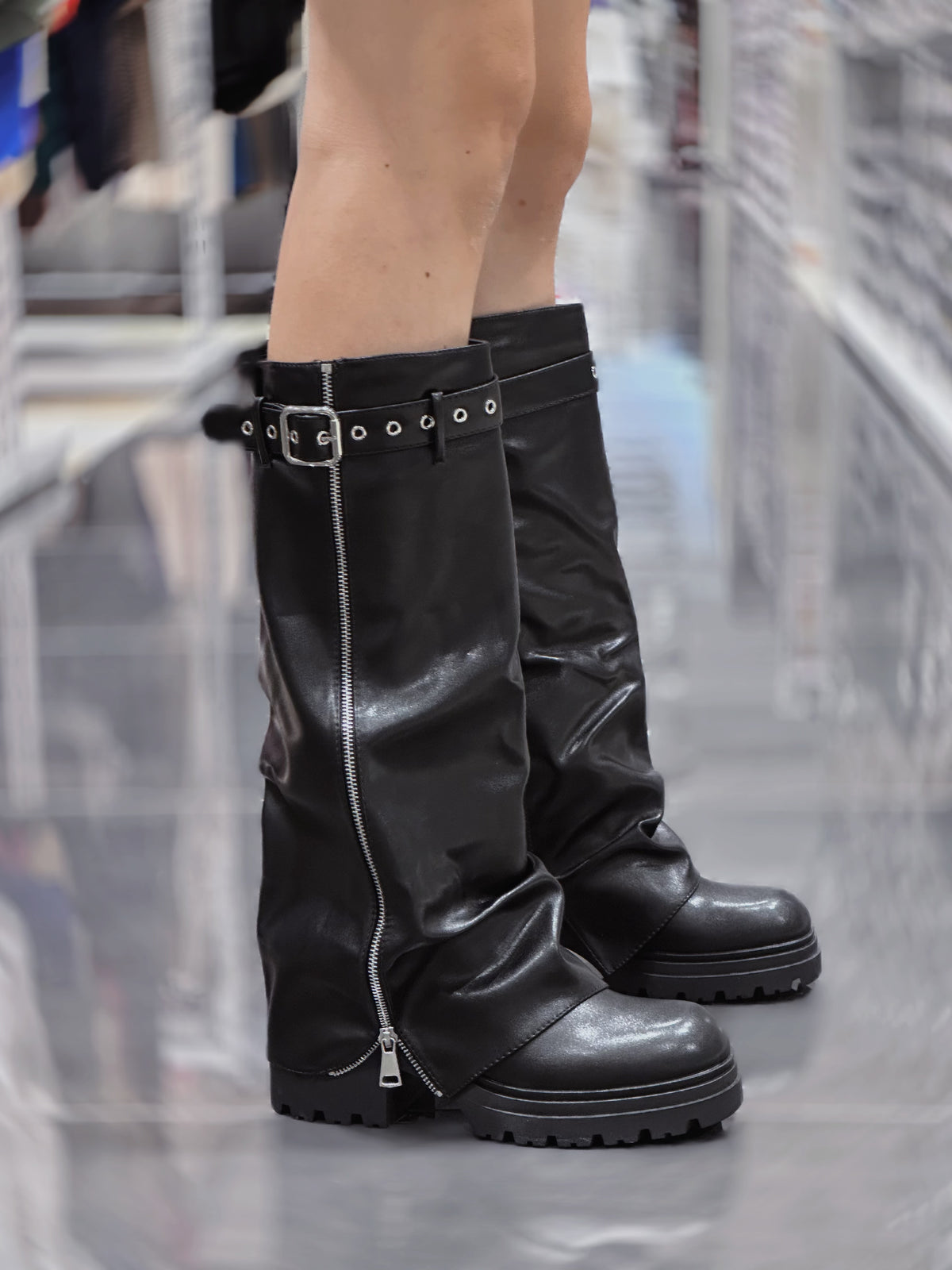 Stivali alti da donna stile biker punk con suola spessa e cerniera laterale-RQY 127-(7cm) Nero