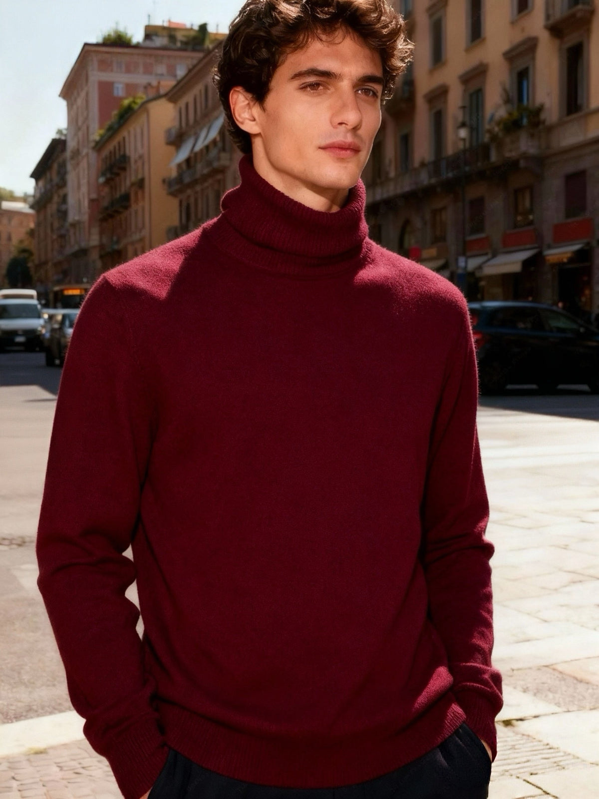 Maglione Uomo Dolcevita Classico - Doppio Collo Alto Maglia Fine Elegantec t-003 Bordeaux