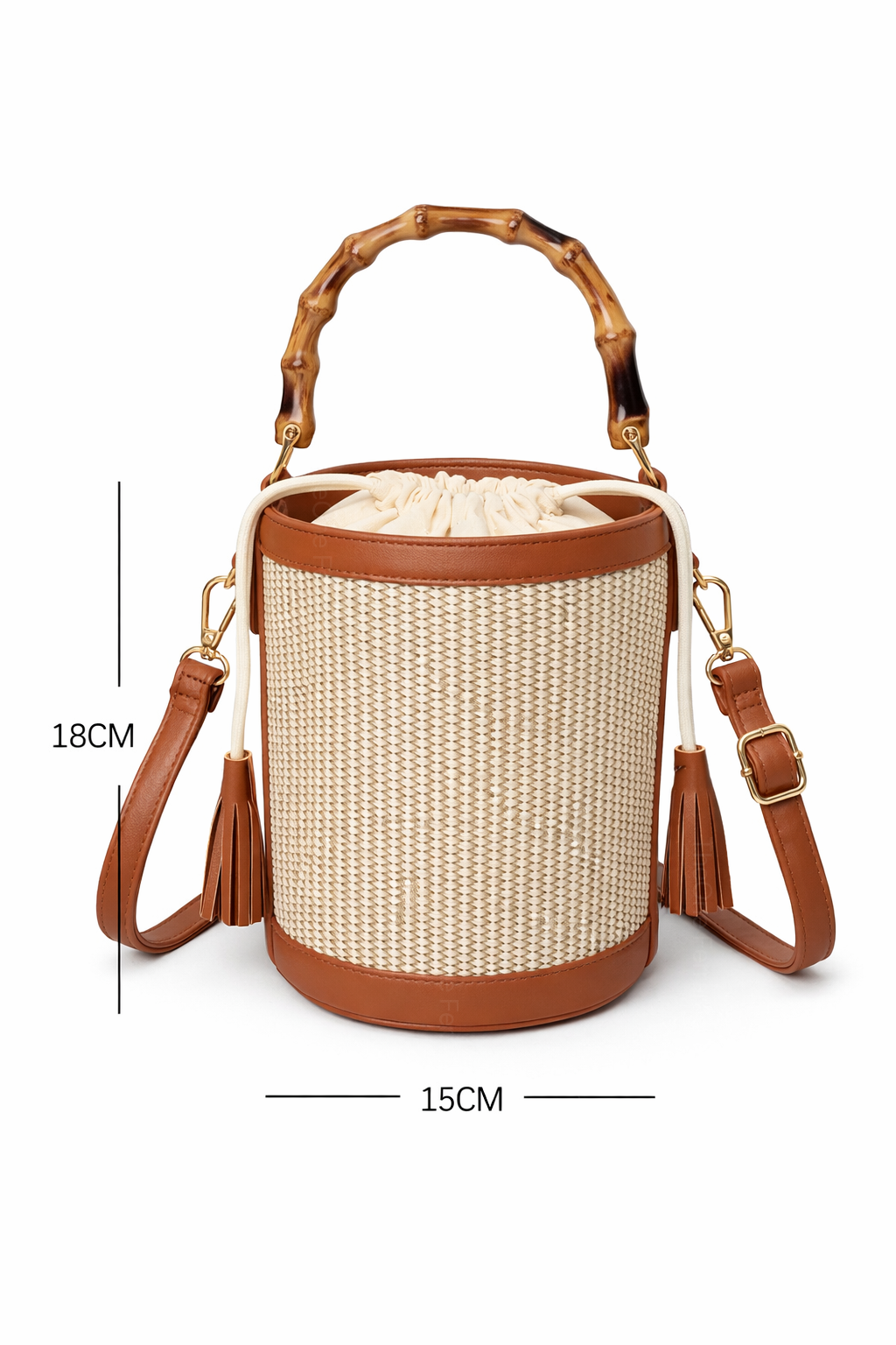Borsa Secchiello Donna in Paglia con Manico Bamboo – Mini Borsa Estiva 18cm con Tracolla