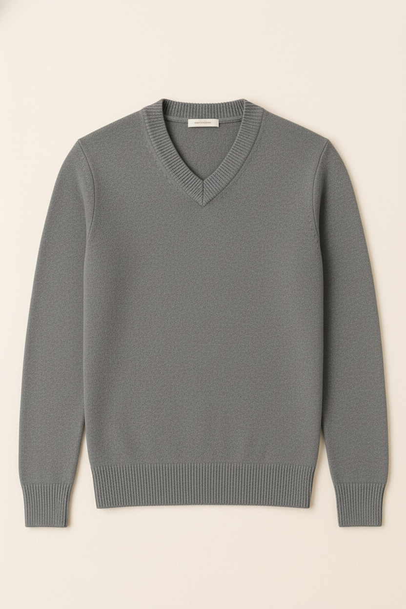 Maglione Uomo Scollo a V in Viscosa - Pullover Elasticizzato Elegante 35607 Grigio