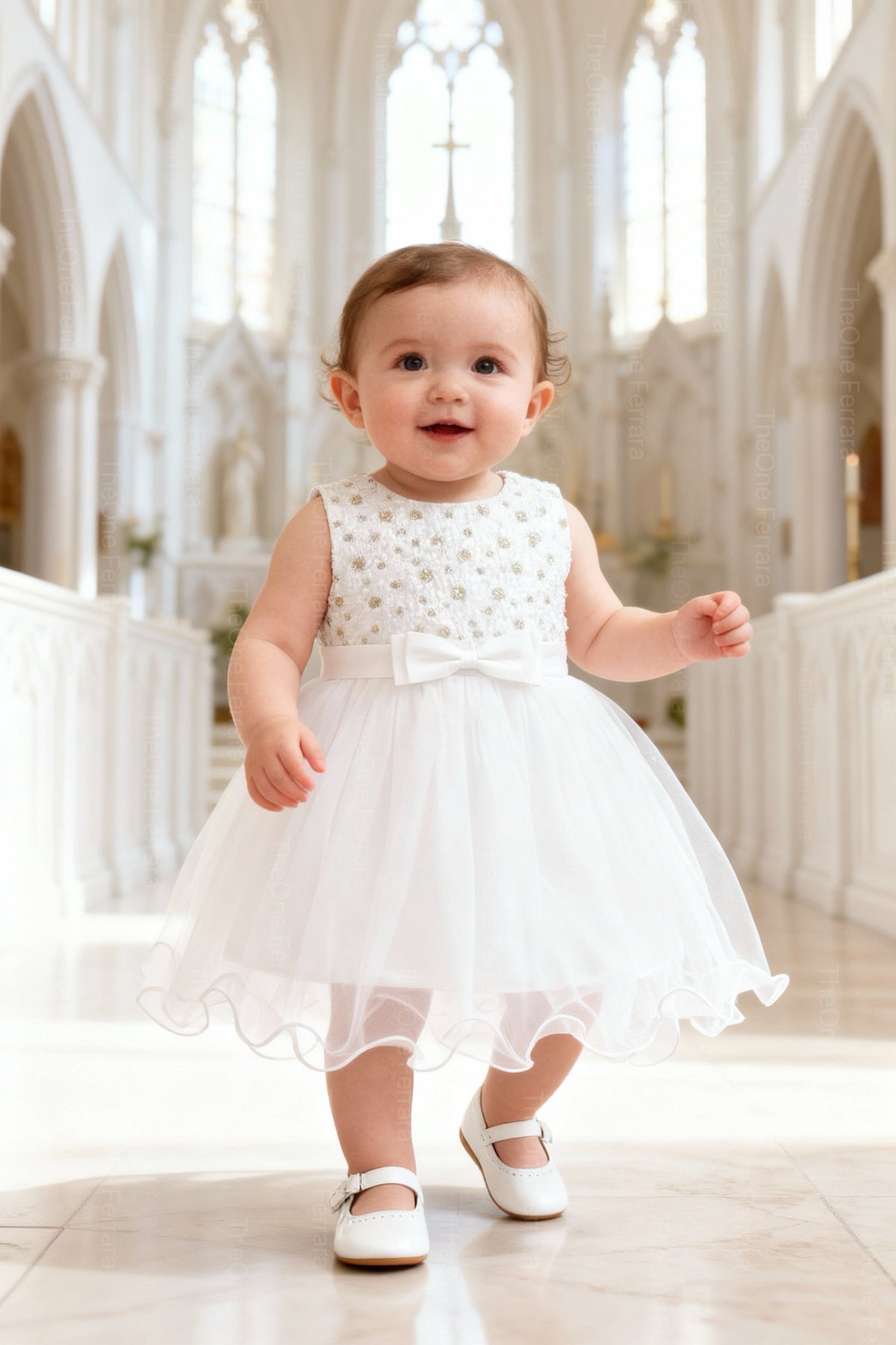 Abito Battesimo Neonata 6–36 Mesi Bianco Tulle con Fiocco-6662