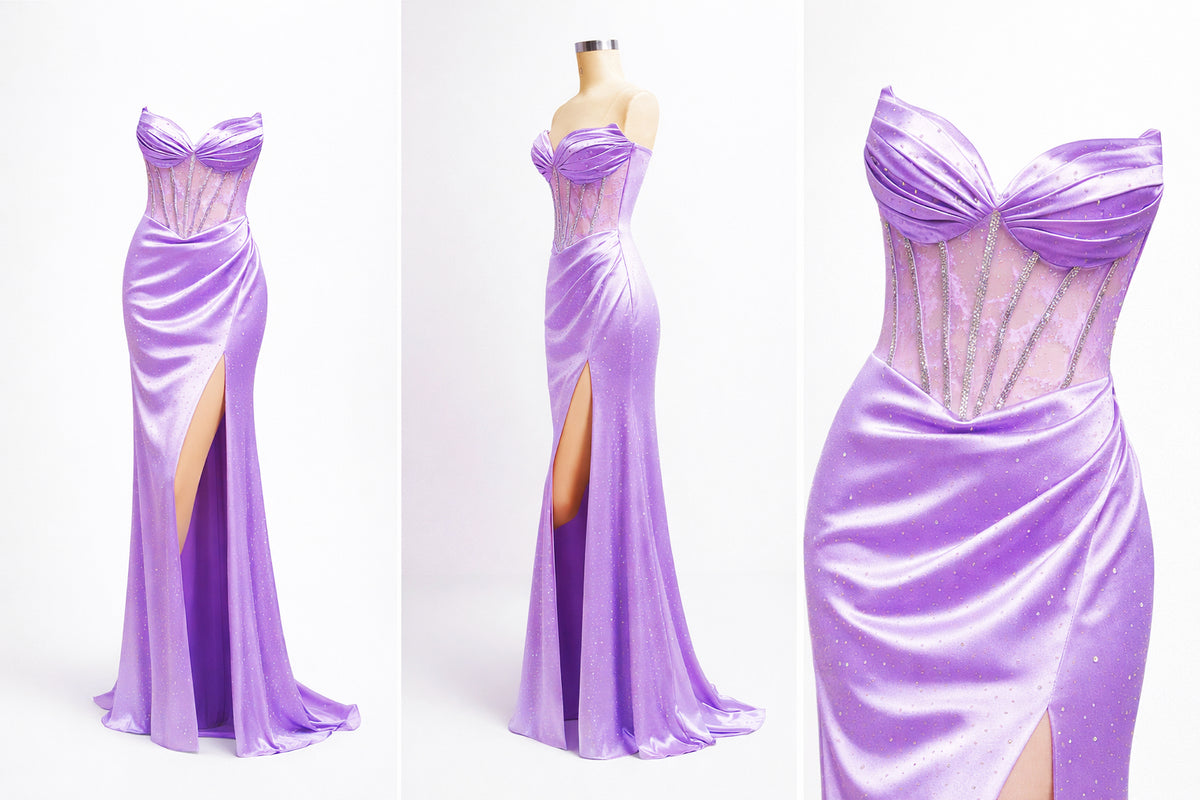 Abito da Sera Nero-viola con Corsetto e Spacco – Vestito Lungo Elegante Glitter 883039