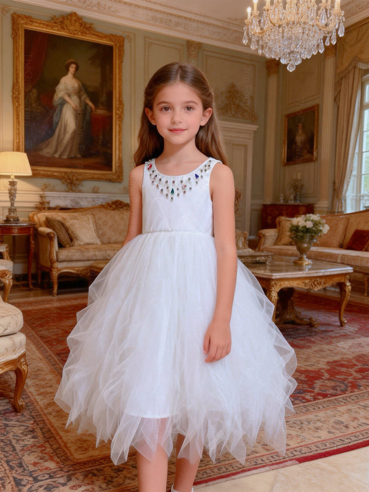 Abito Cerimonia Bambina Elegante in Tulle con Scollo Gioiello – 2-14 Anni – Rosa | Bianco | Bordeaux | Rosa Cipria – 2045 Bianco