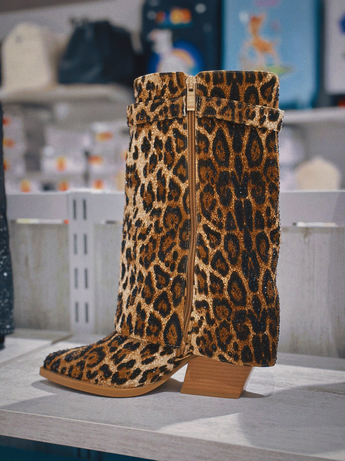 Stivaletti leopardati da donna con paillettes – Tacco largo, perfetti per party e street style-FK5(7cm)