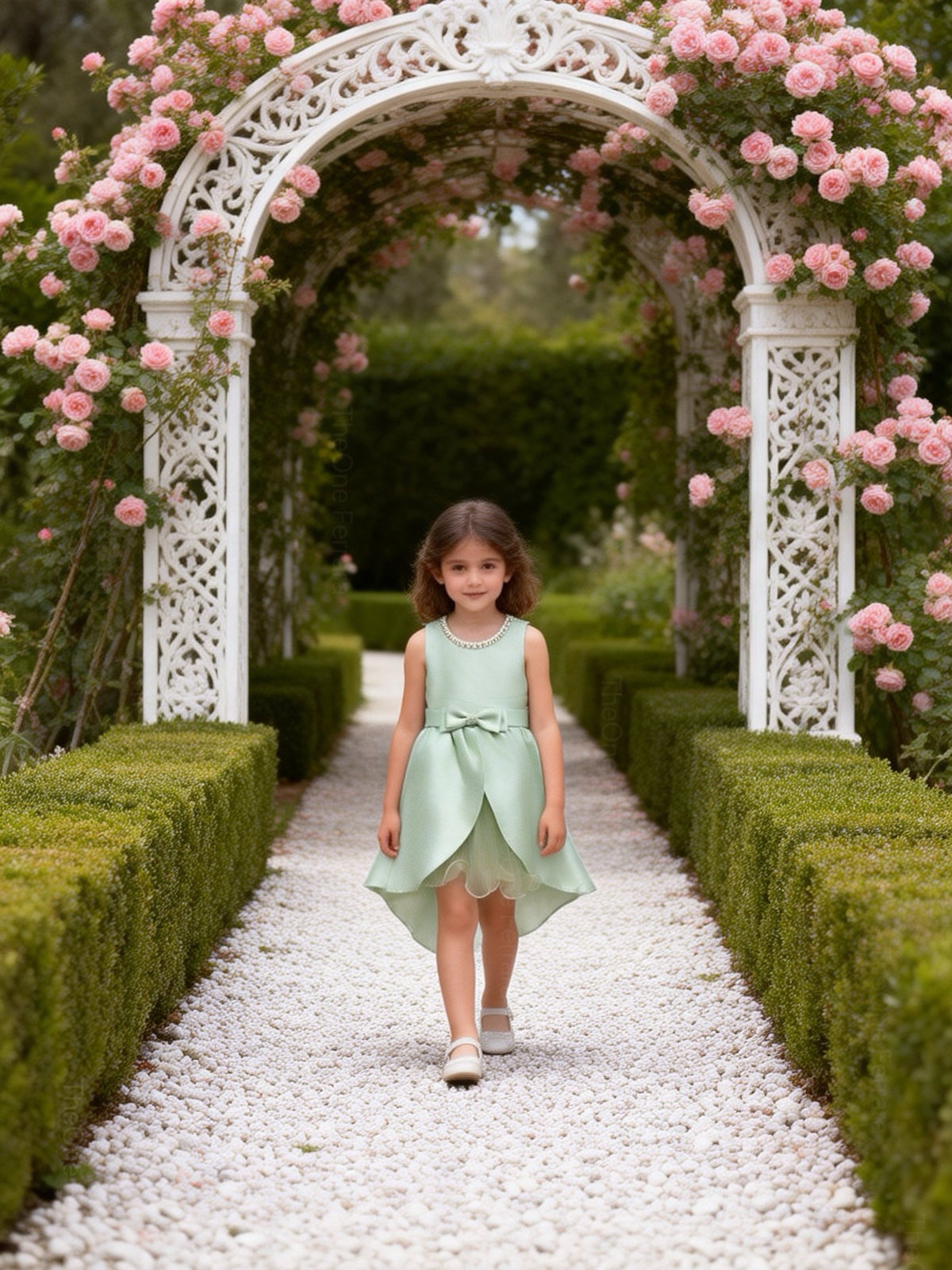 Abito da Cerimonia Bambina in Raso con Gonna in Tulle e Fiocco – Scollo Perle 2-12 Anni 750