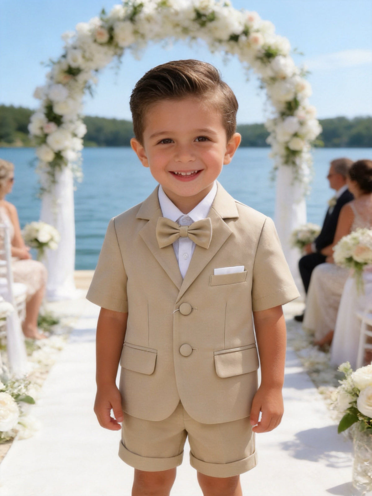 Completo Elegante Bambino Verde Salvia 4 Pezzi con Giacca Shorts Camicia e Papillong 4-10Anni