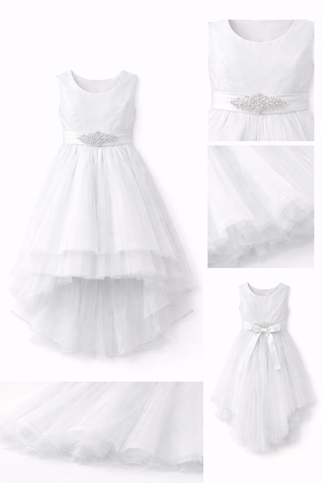 Abito da Cerimonia Bambina Elegante 4-14 Anni – Vestito Damigella in Tulle Multistrato con Cintura Gioiello (Bianco, Champagne, Azzurro) 82535