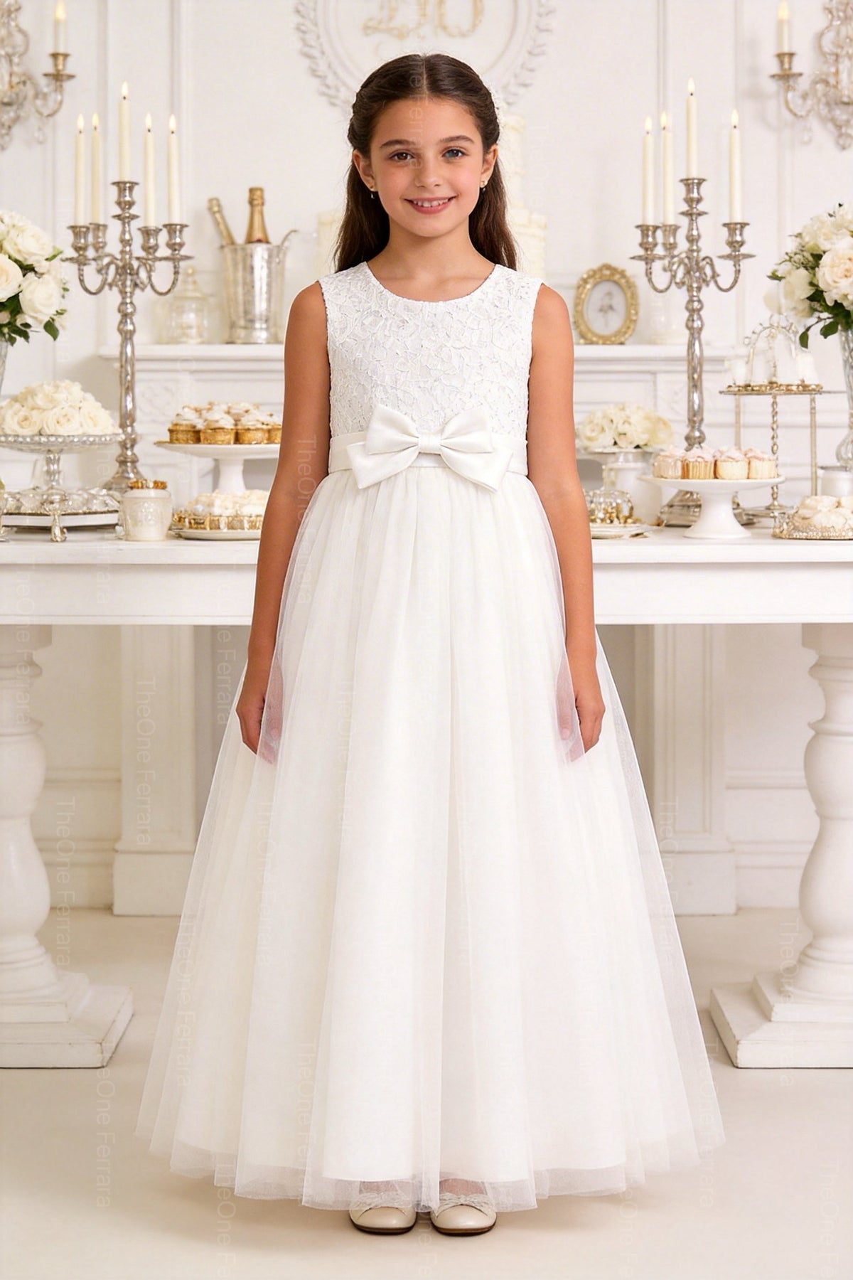Abito Bambina Elegante Bianco con Fiocco Oro – Vestito Cerimonia 4-14 Anni 3824