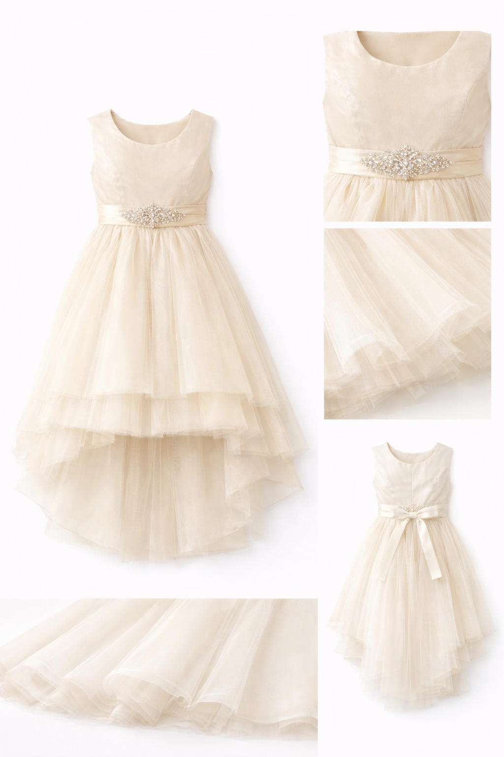 Abito da Cerimonia Bambina Elegante 4-14 Anni – Vestito Damigella in Tulle Multistrato con Cintura Gioiello (Bianco, Champagne, Azzurro) 82535