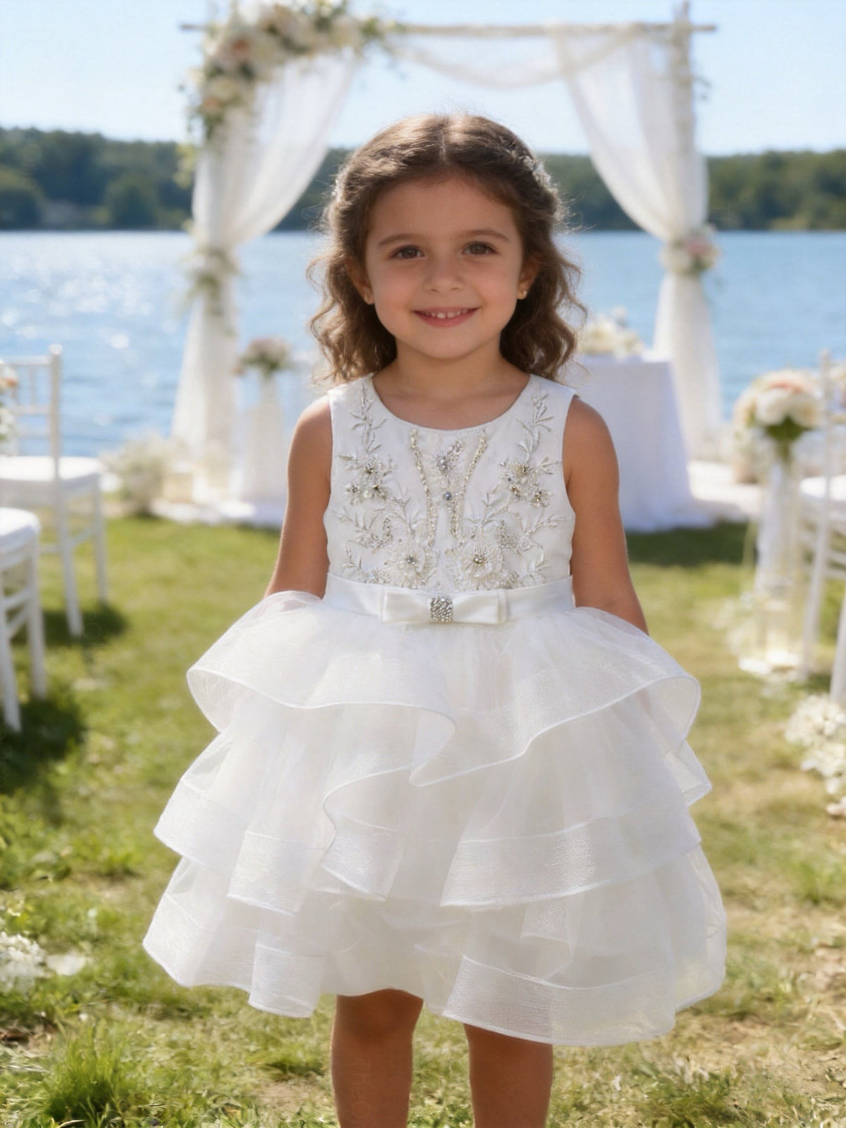 Vestito Cerimonia Bambina Bianco con Ricami e Gonna Volant in Tulle
