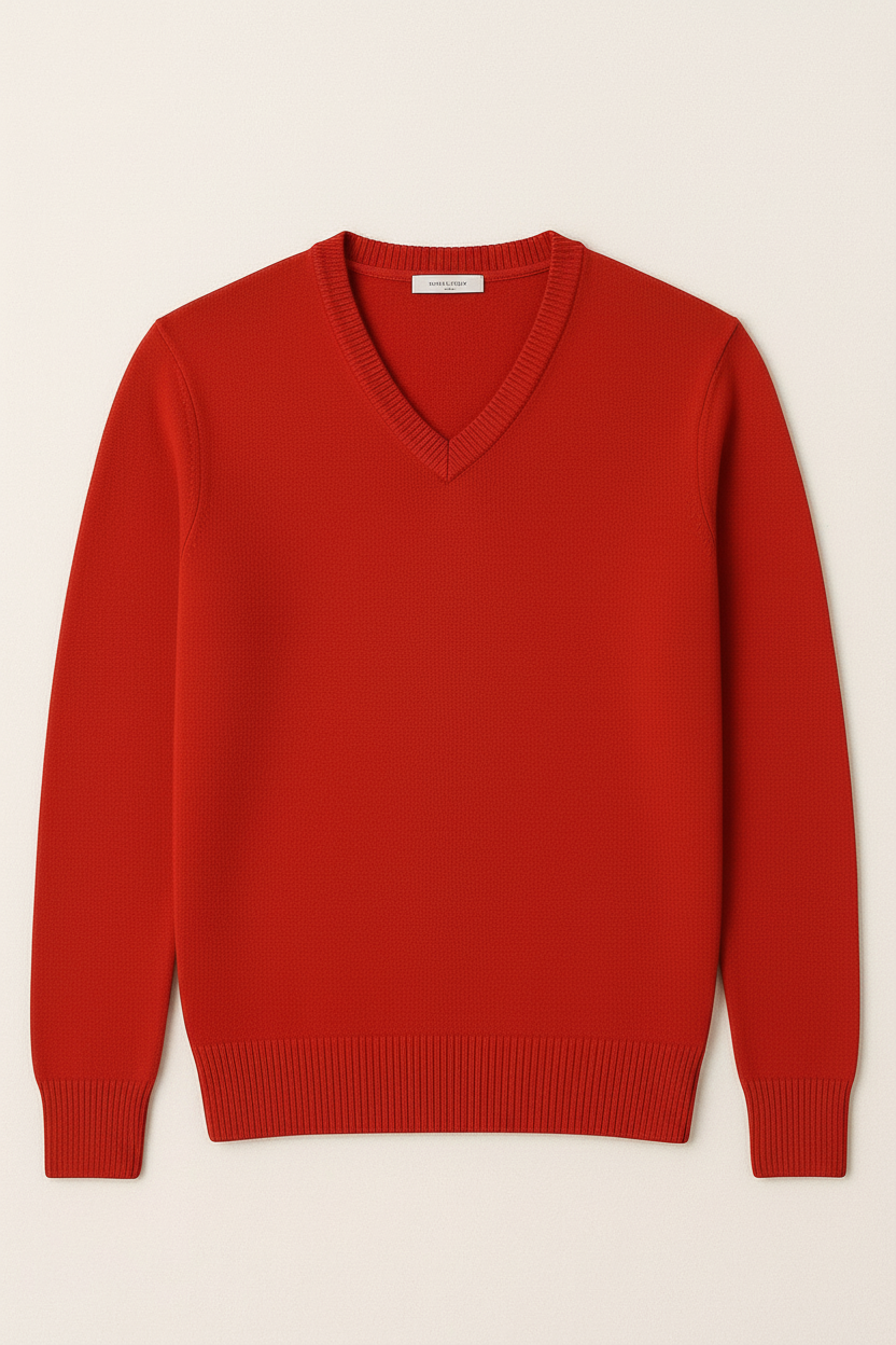 Maglione Uomo Scollo a V in Viscosa - Pullover Elasticizzato Elegante 35607 Rosso