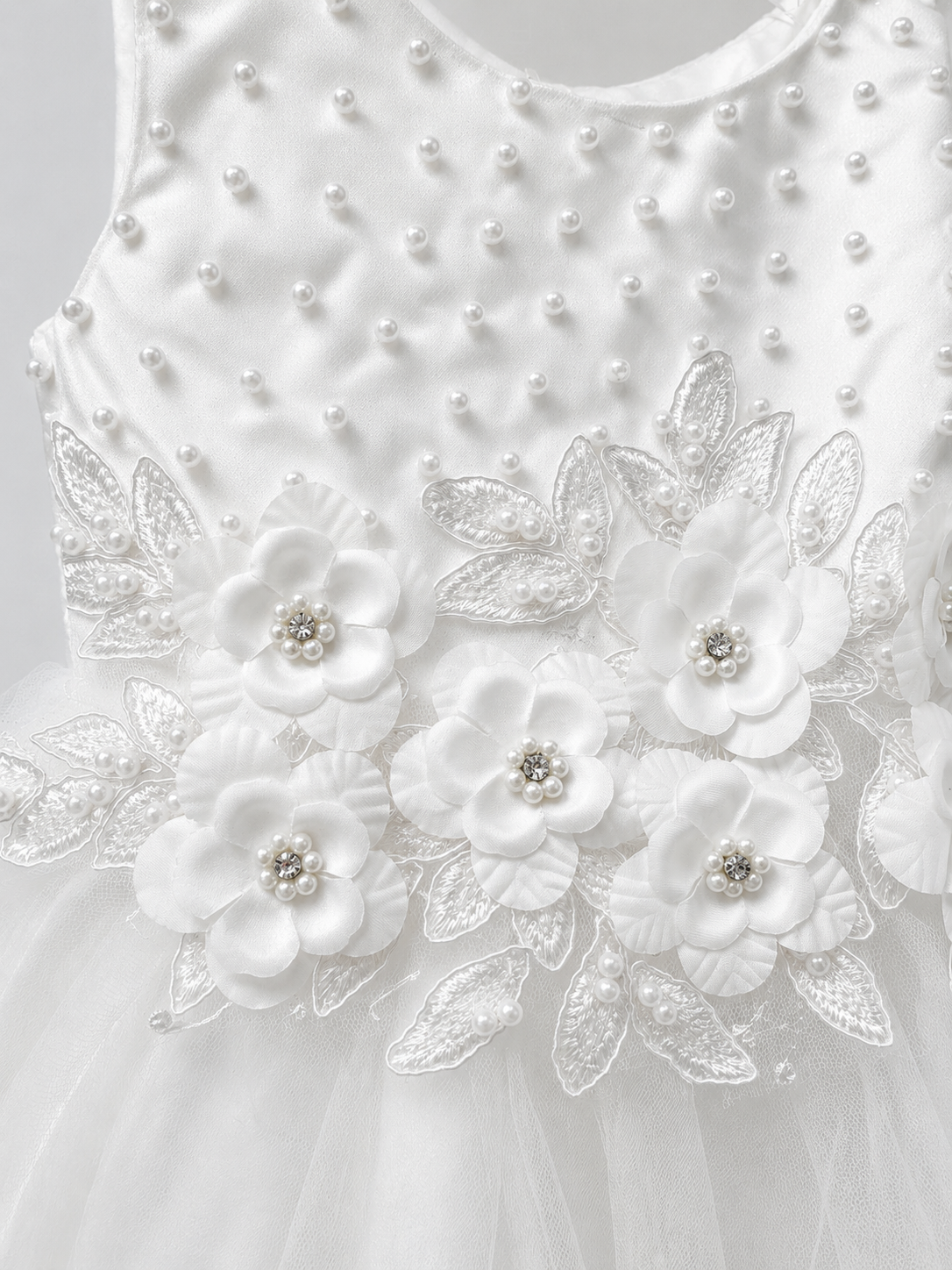 Vestito Elegante Bambina Bianco con Fiori 3D e Tulle per Cerimonia