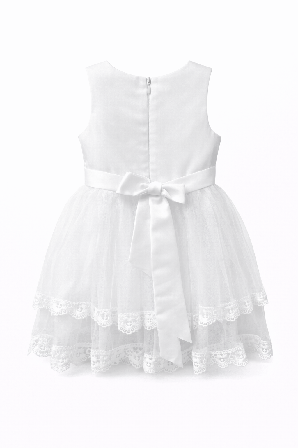 Abito da Battesimo Neonata Bianco 6–36 Mesi – Tulle a Strati con Bordo in Pizzo e Fiocco sul Retro Cerimonia Chiesa 660