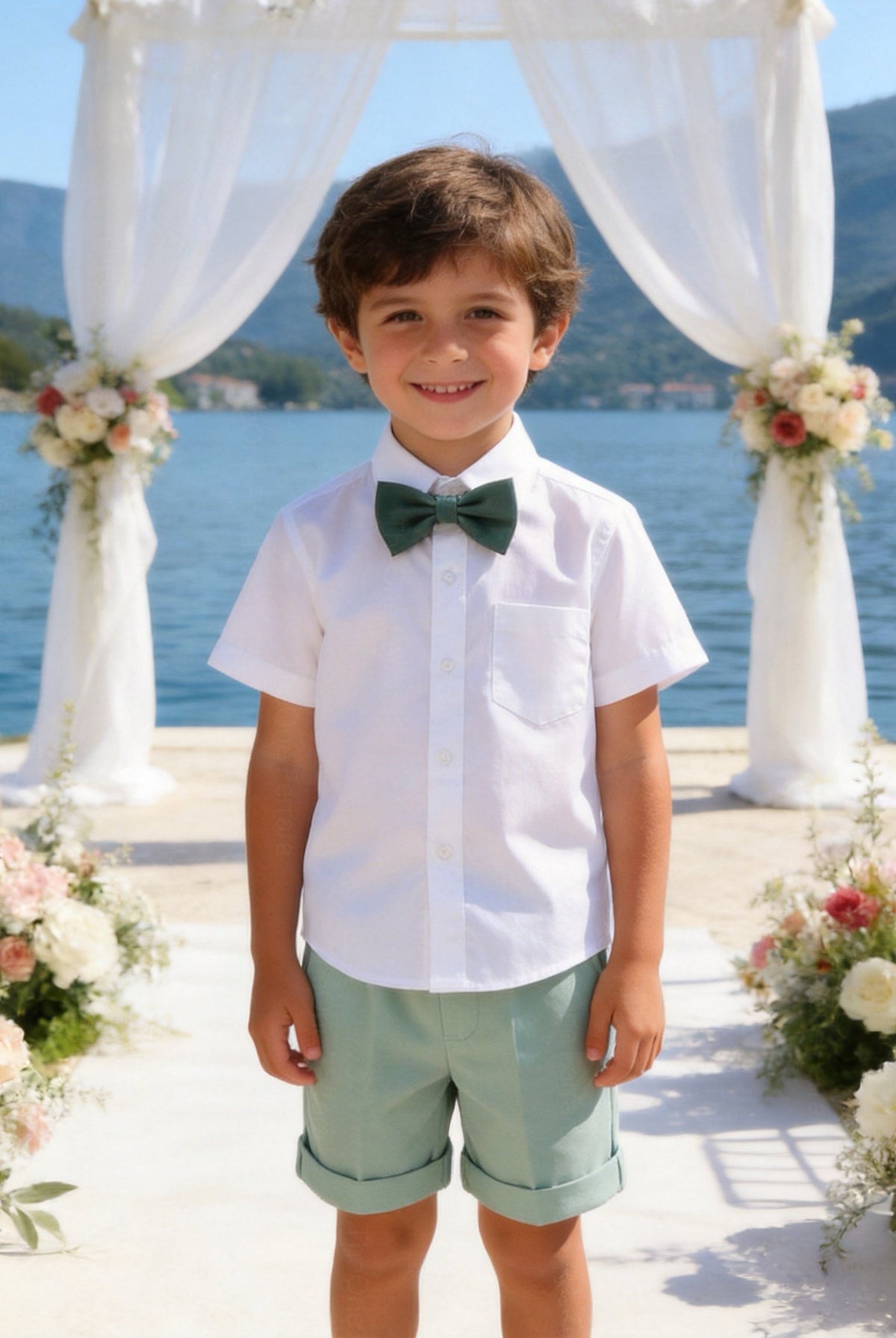 Completo Elegante Bambino Verde Salvia 4 Pezzi con Giacca Shorts Camicia e Papillong 4-10Anni