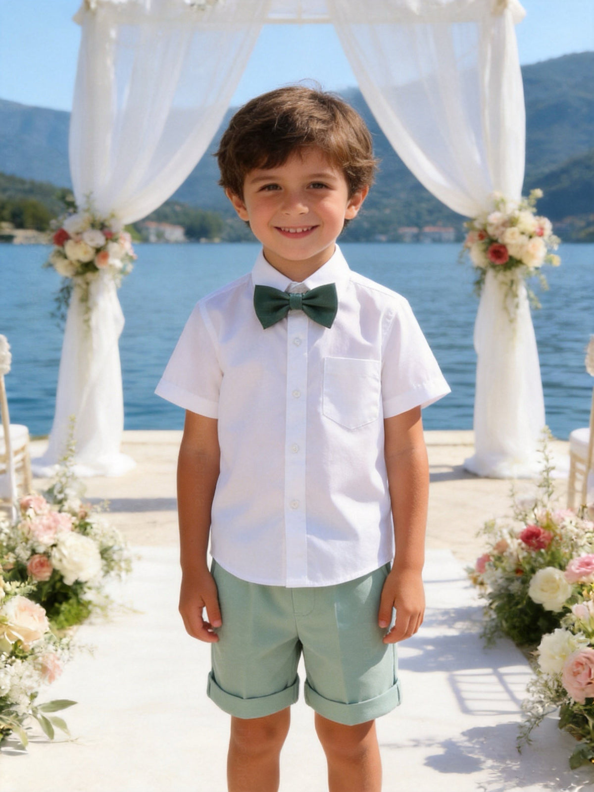 Completo Elegante Bambino Verde Salvia 4 Pezzi con Giacca Shorts Camicia e Papillong 4-10Anni