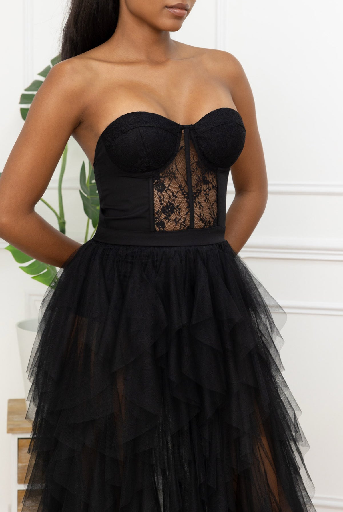 Abito da Sera Nero in Tulle con Corsetto – Vestito Lungo Elegante Bustier da Gala 521679