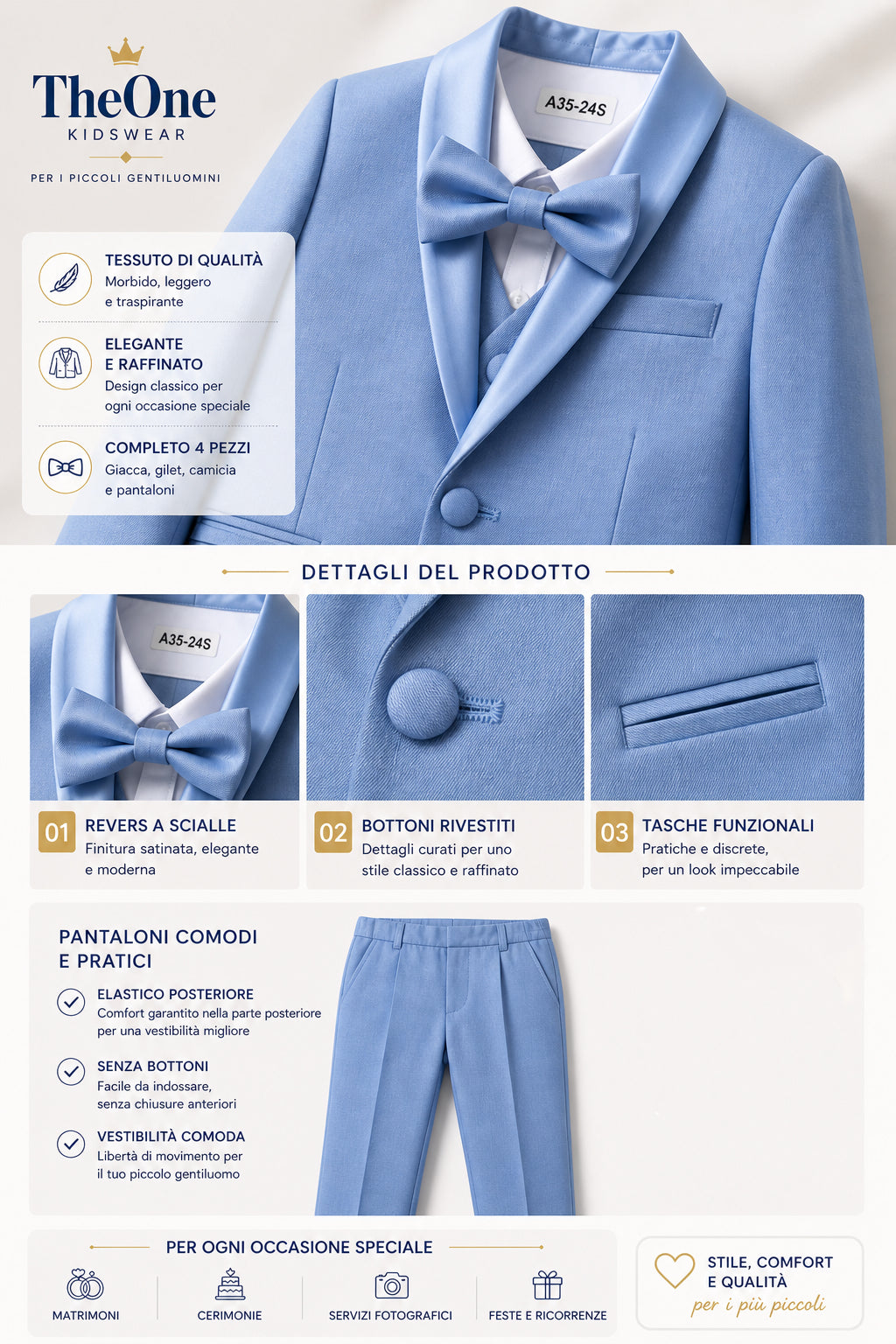 Completo Elegante Bambino Celeste 5 Pezzi con Papillon per Cerimonia e Matrimonio