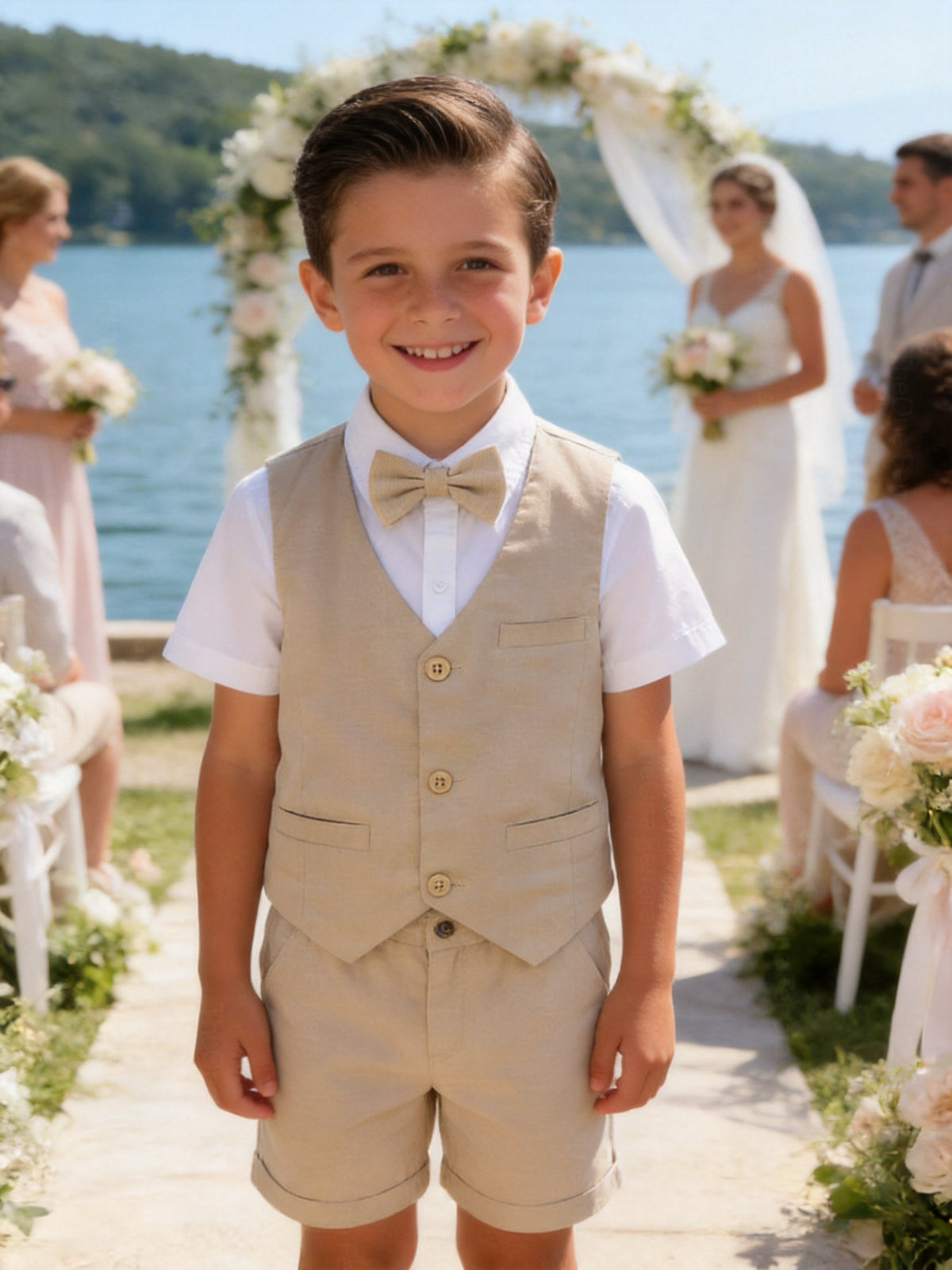Completo Bambino Cerimonia con Gilet, Camicia e Pantaloncini | 4-14 Anni Beige