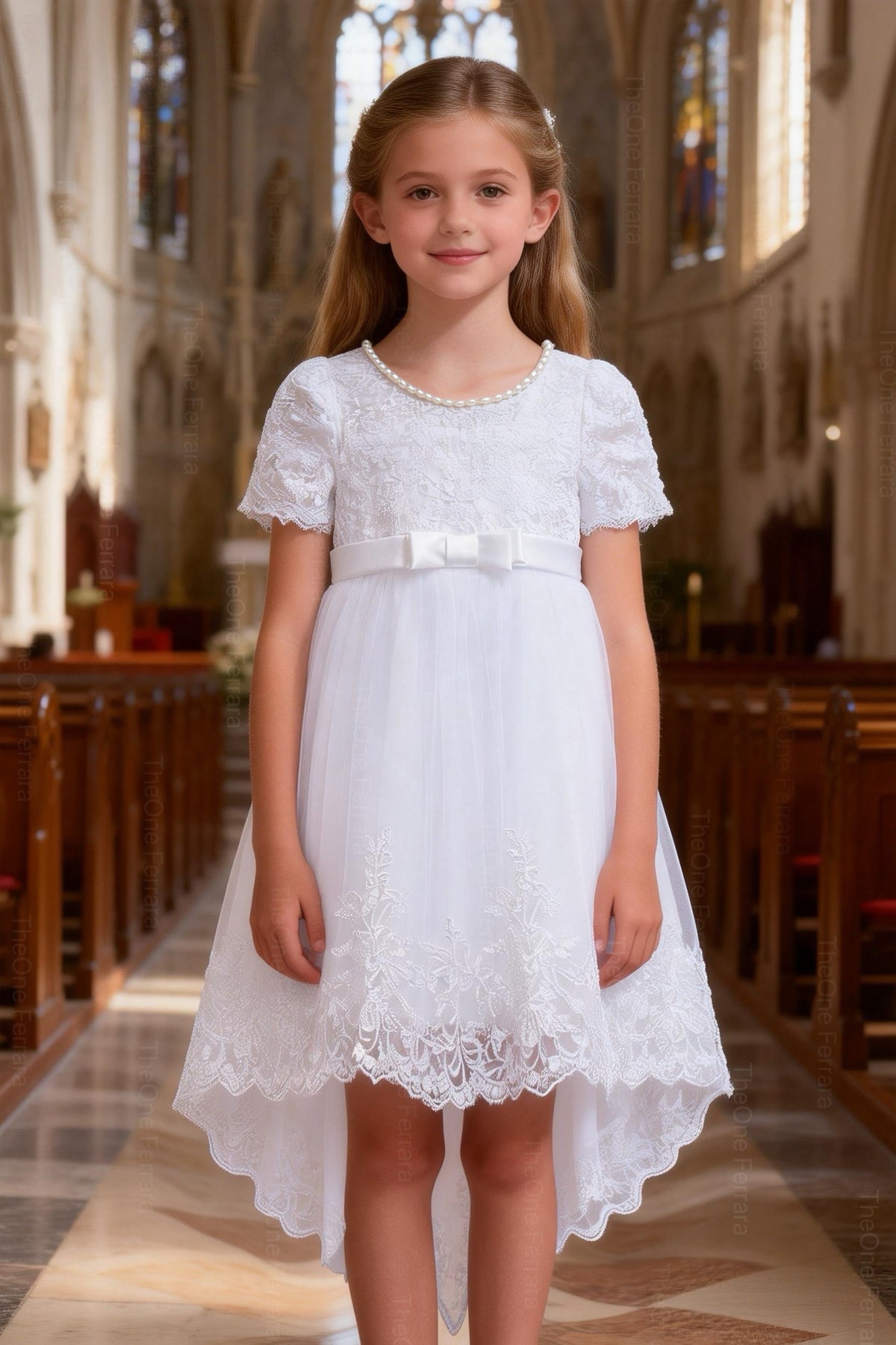 Abito Cerimonia Bambina Bianco in Pizzo e Tulle Comunione, Damigella, Festa 4-14 Anni 3637-TheOne