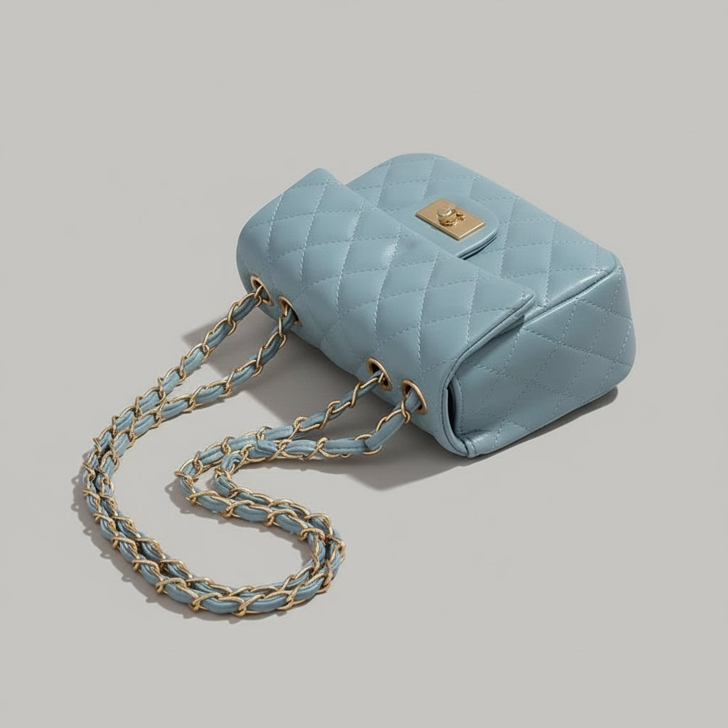Mini Borsa Donna Trapuntata con Catena – Elegante e Compatta, Stile Italiano 9915(19×8X14cm) l.blue