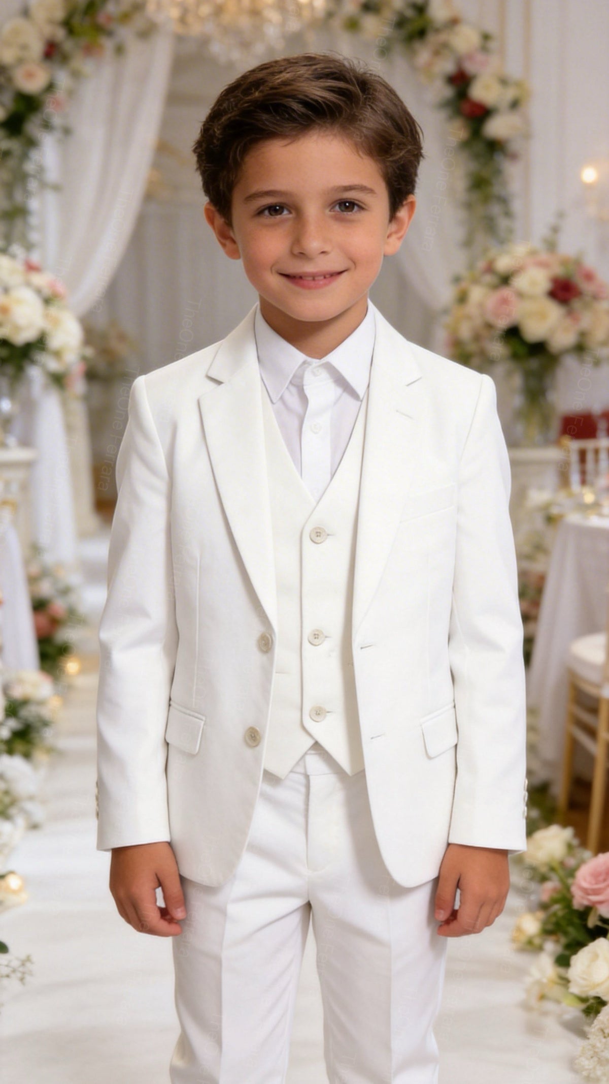 Completo Elegante Bambino Bianco 5 Pezzi Abito Cerimonia Matrimonio Comunione 1-14Anni