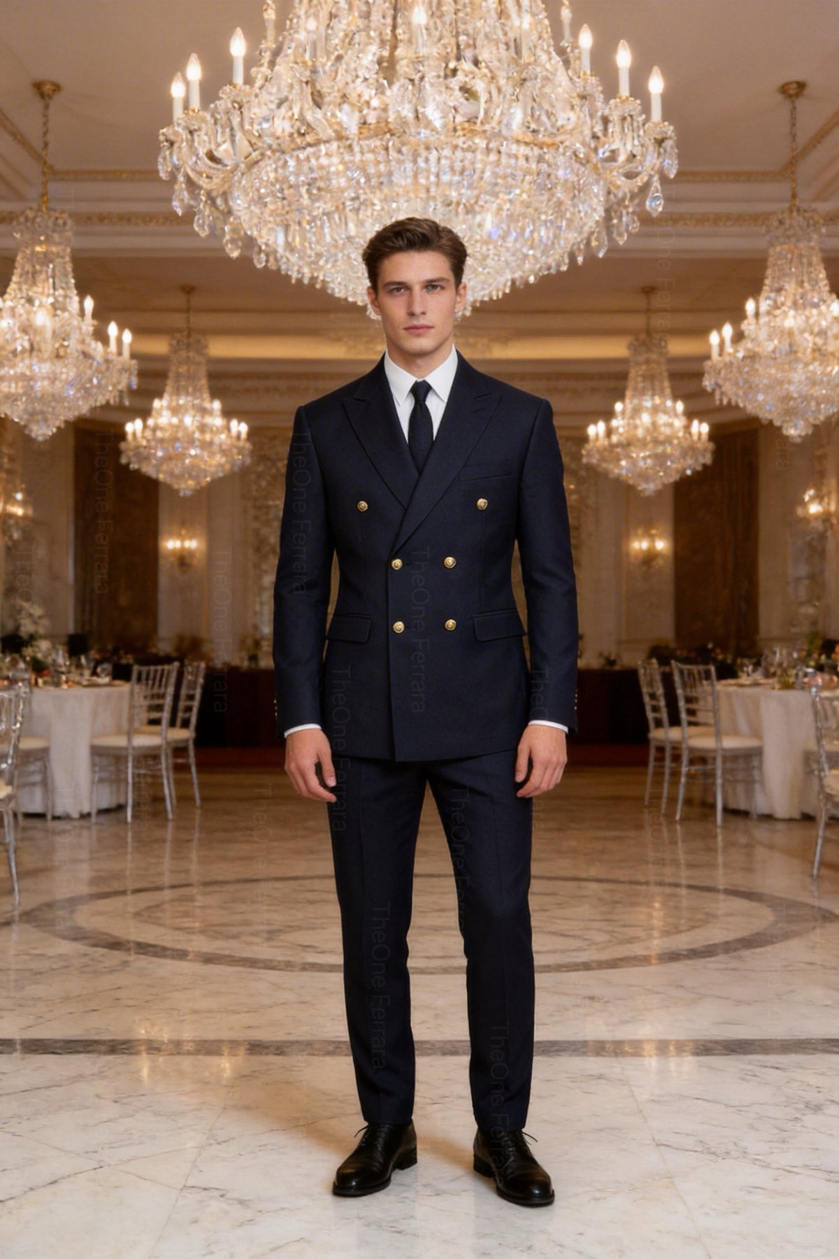 Abito Uomo Doppiopetto Blu Navy 2 Pezzi (Giacca + Pantaloni) con Bottoni Dorati | Cerimonia Business | Taglie 44–60 | ZLS10018
