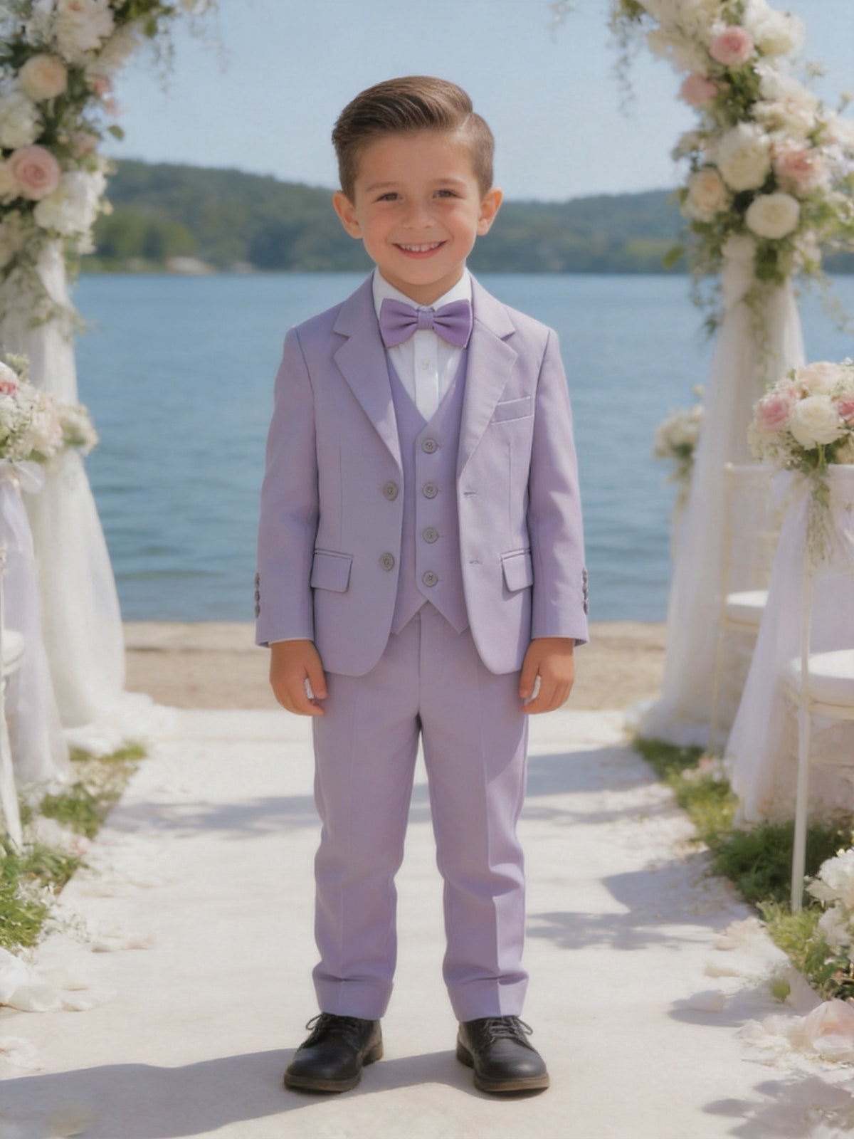 Completo Elegante Bambino Lilla 5 Pezzi con Giacca Gilet Pantaloni Camicia e Papillon