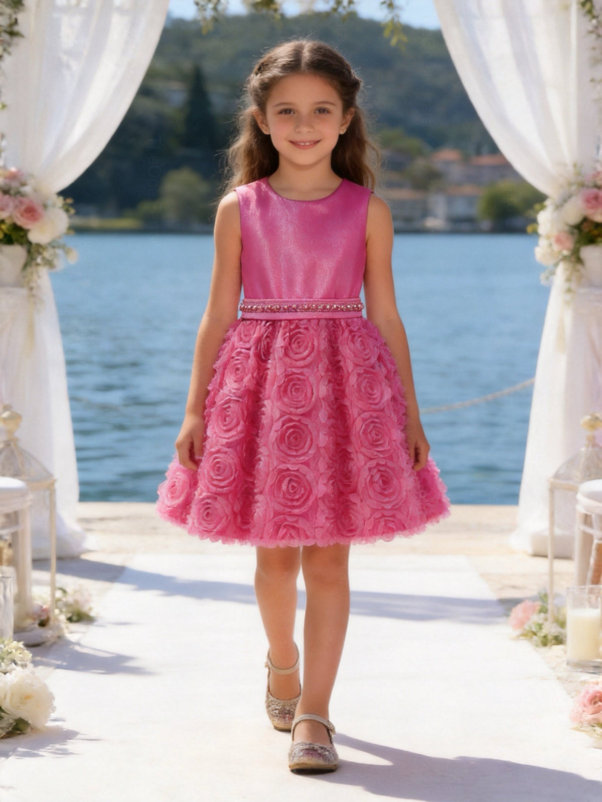 Abito Elegante Bambina 2-12 Anni – Vestito Cerimonia con Gonna 3D Floreale per Matrimonio e Comunione