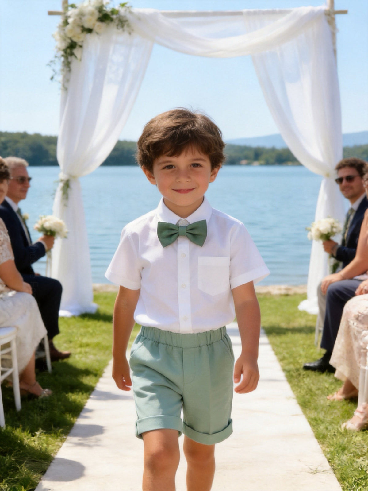 Completo Elegante Bambino Verde Salvia 4 Pezzi con Giacca Shorts Camicia e Papillong 4-10Anni