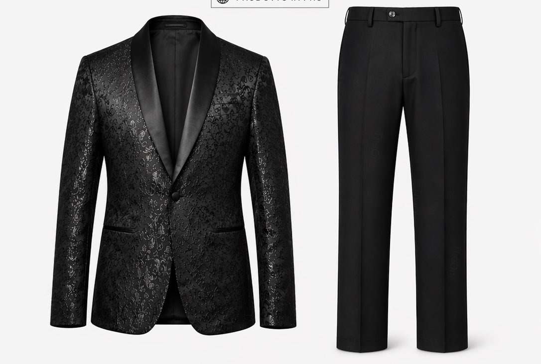 Abito Uomo Cerimonia Slim Fit Blu Jacquard Elegante Smoking Fantasia 2pz